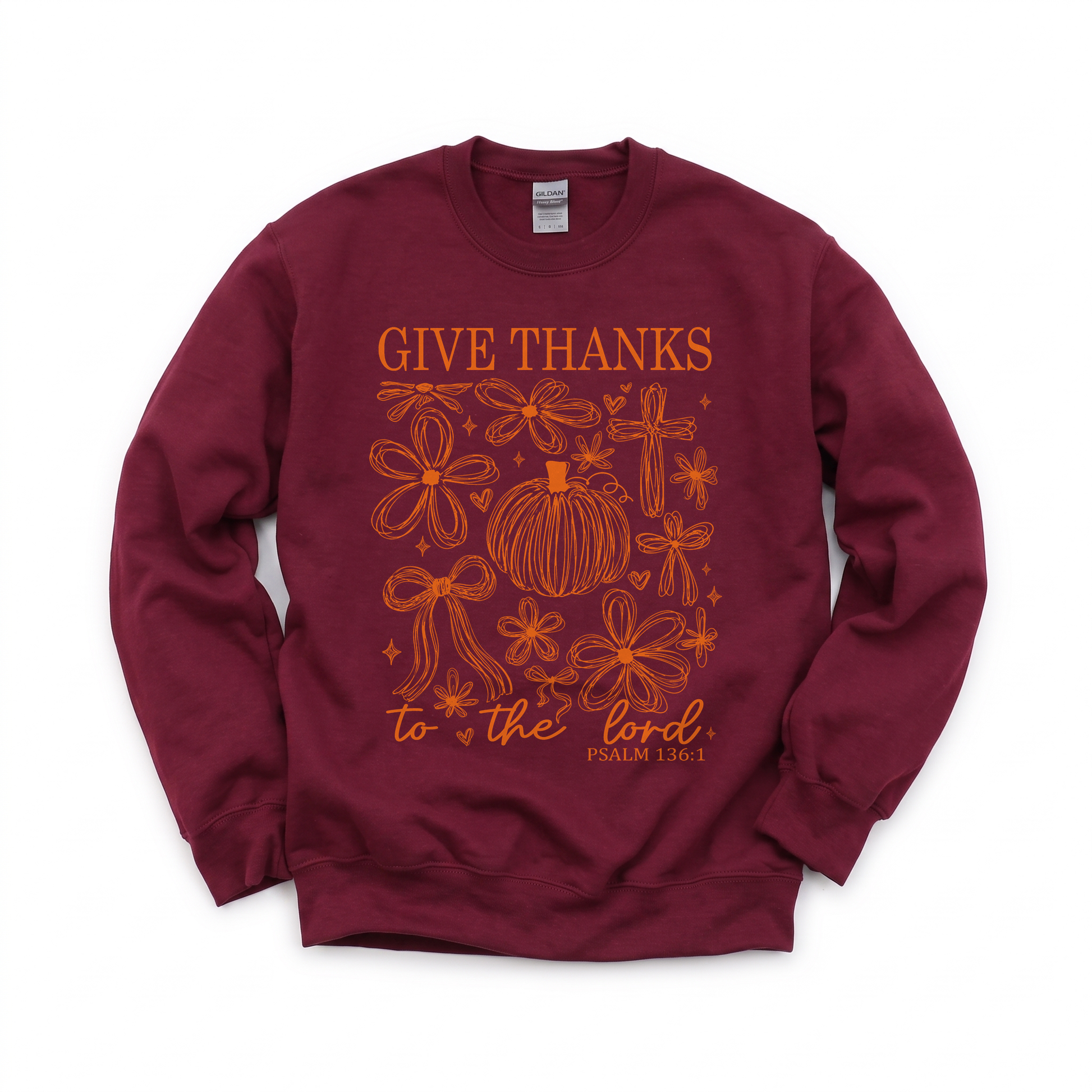 Give Thanks To The Lord graphic on Gildan 18000 in Maroon