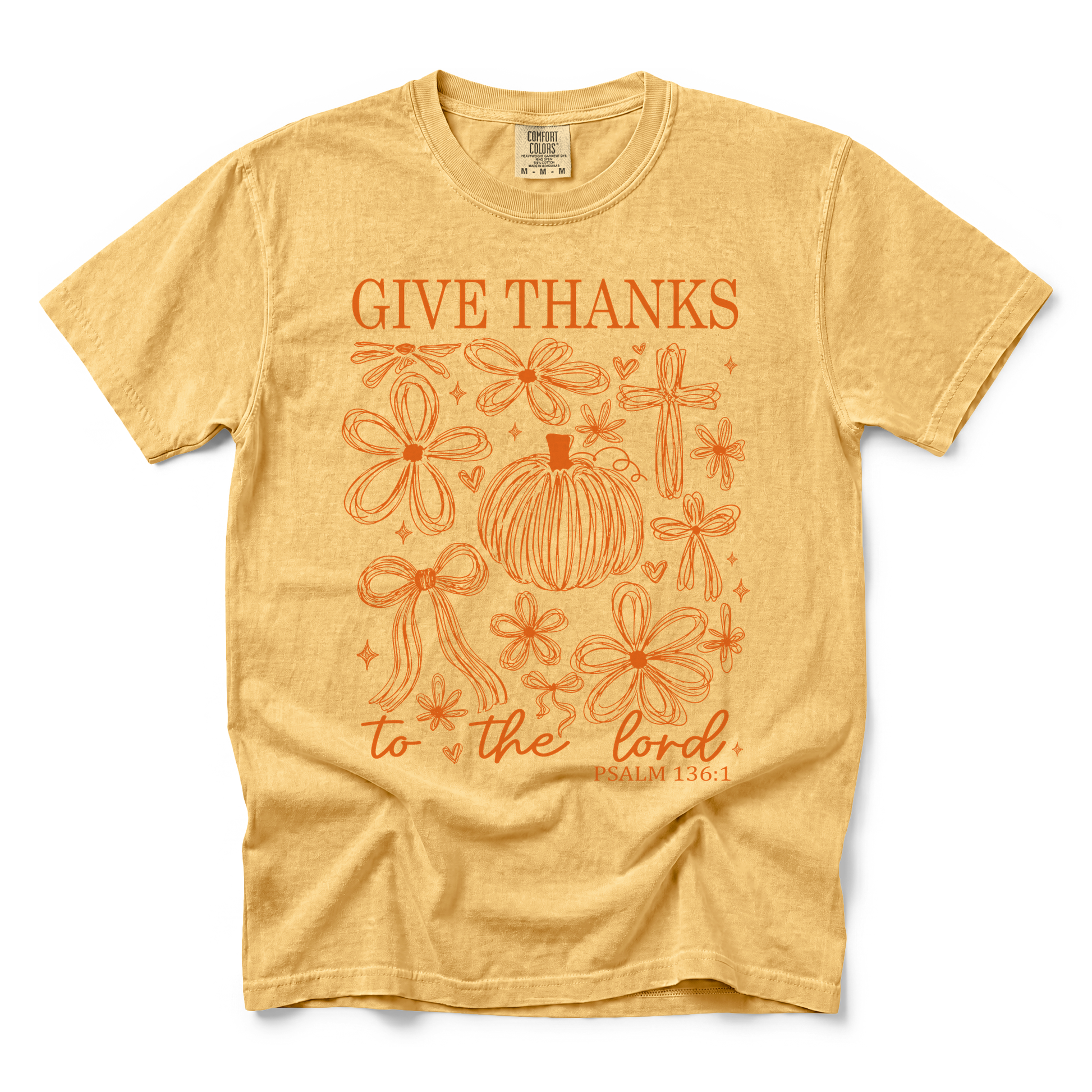 Give Thanks To The Lord graphic on Comfort Colors 1717 in Mustard