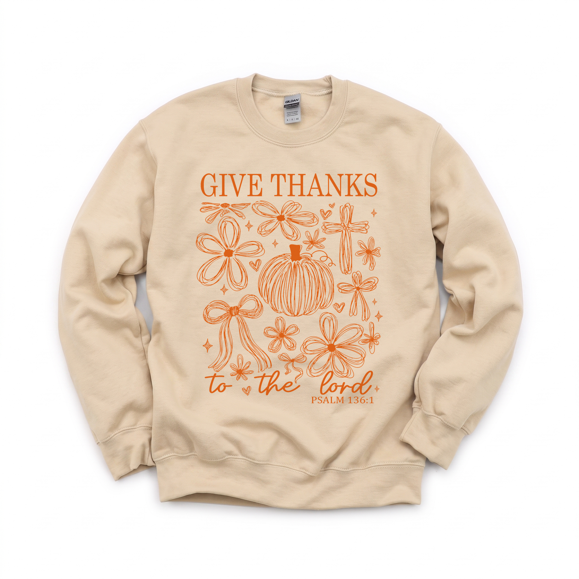 Give Thanks To The Lord graphic on Gildan 18000 in Sand
