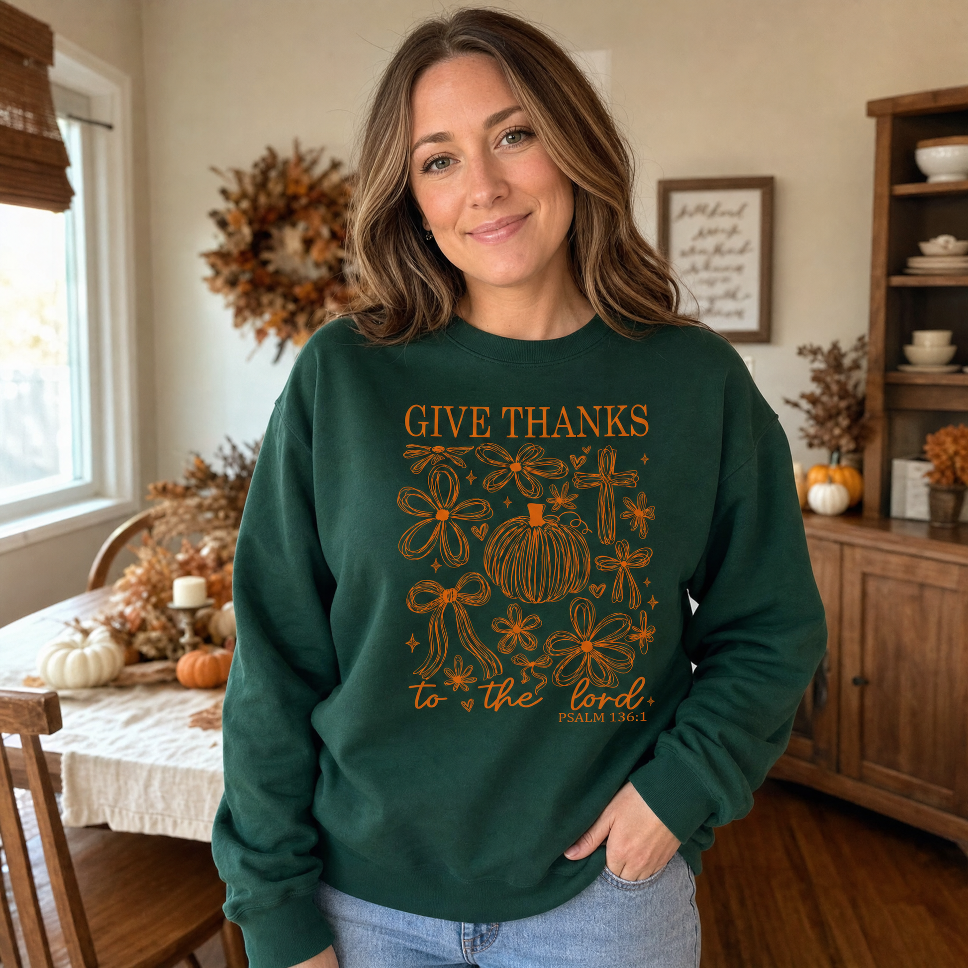 Model wearing the Give Thanks To The Lord sweatshirt in Forest Green