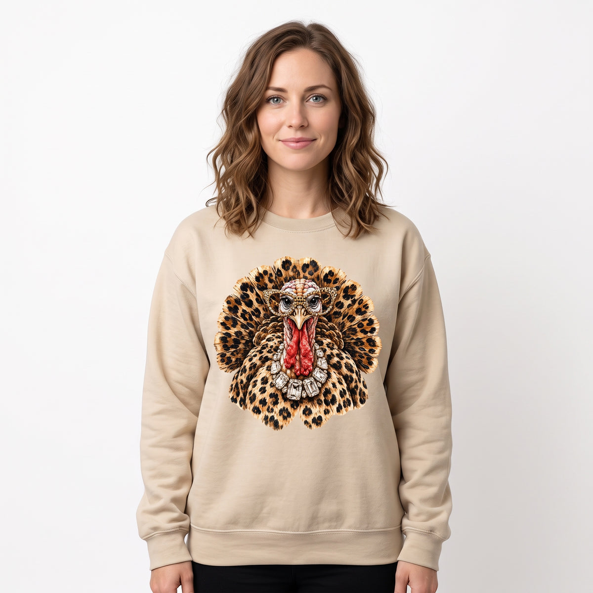 Model wearing the Glam Turkey sweatshirt in Sand, cover image 1