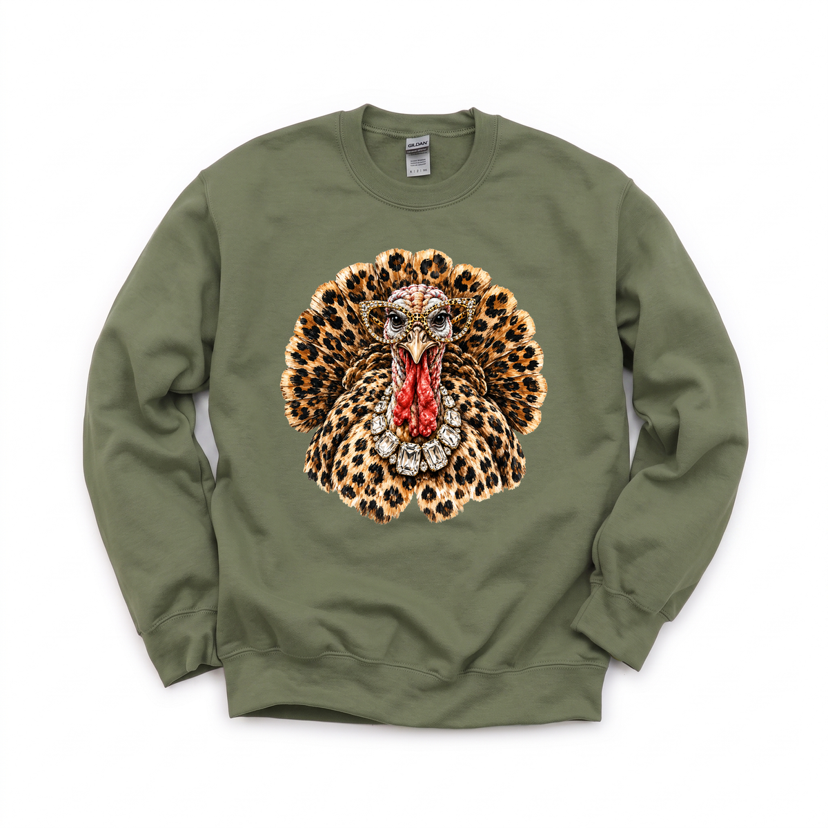 Glam Turkey graphic on Gildan 18000 in Military Green