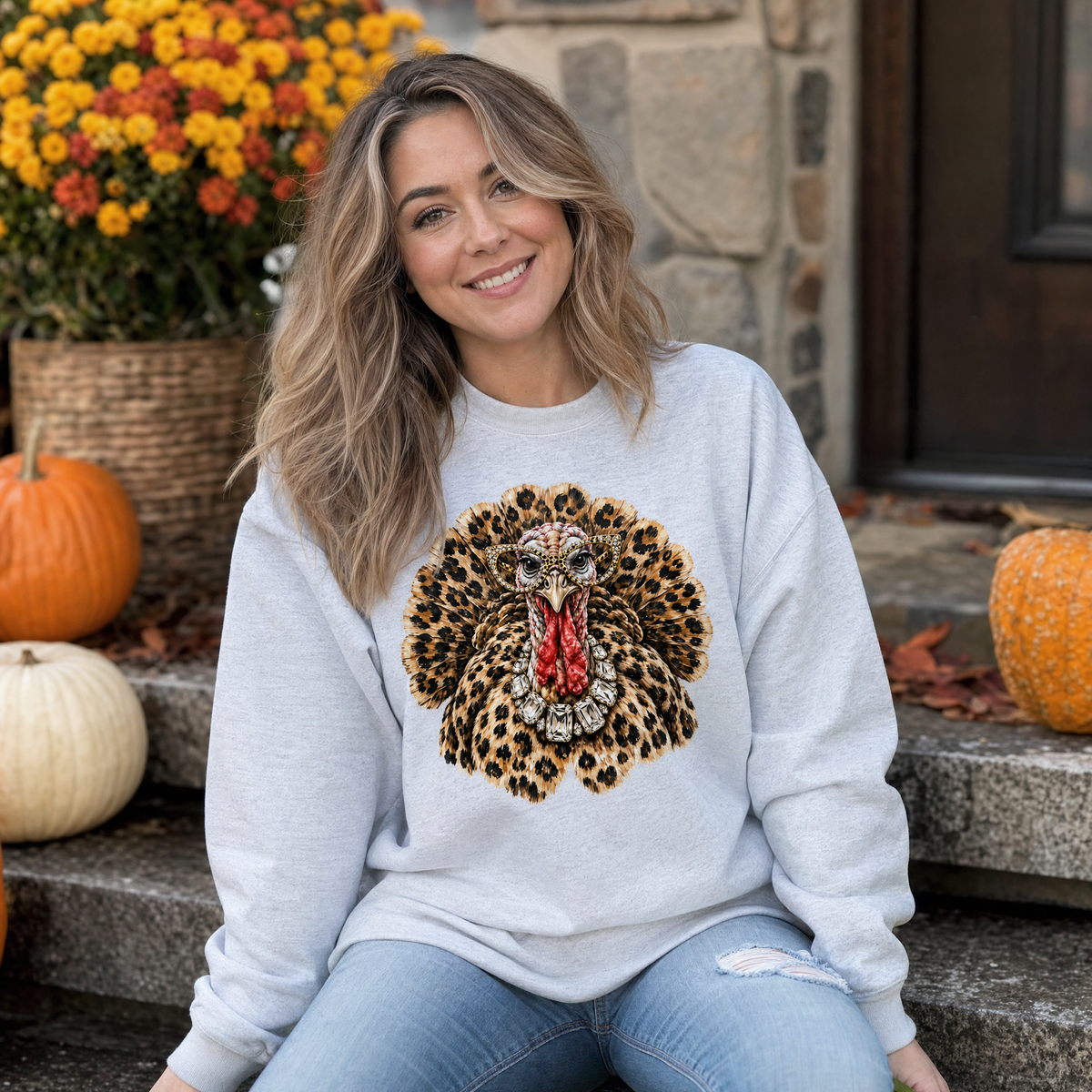 Model wearing the Glam Turkey sweatshirt in Ash