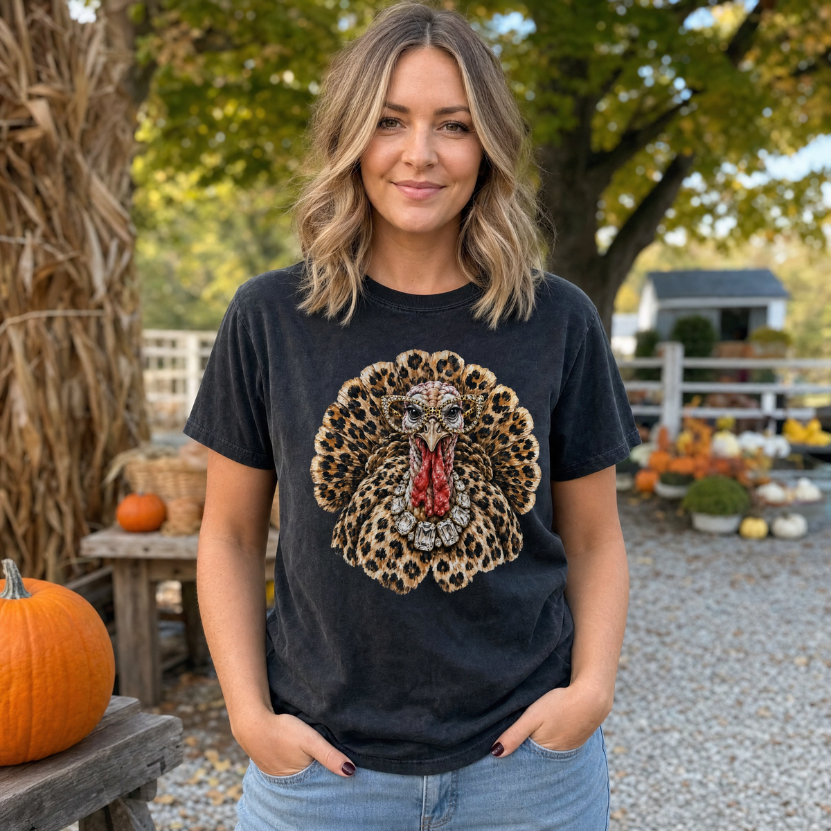 Model wearing the Glam Turkey comfort colors tee in Black
