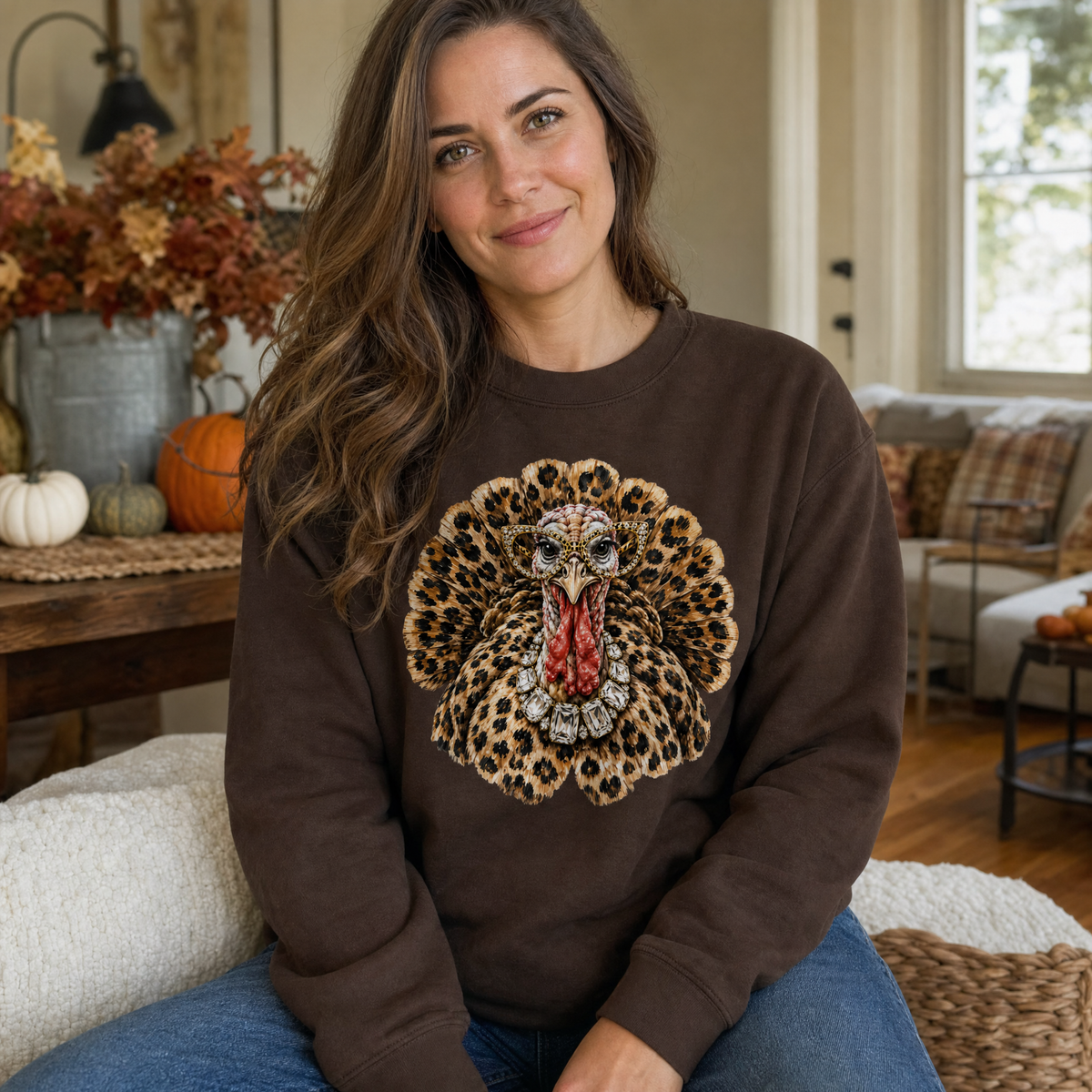 Model wearing the Glam Turkey sweatshirt in Dark Chocolate