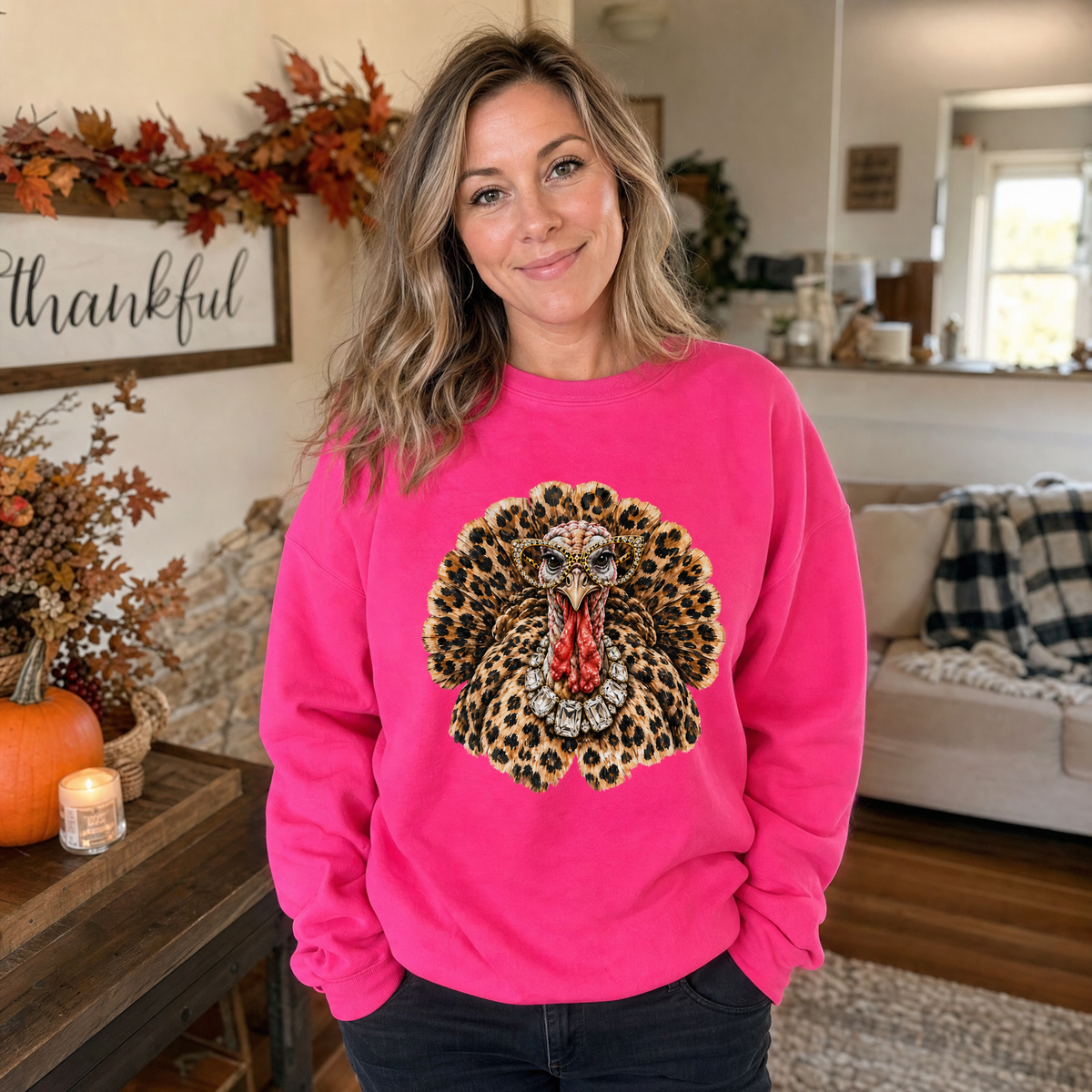 Model wearing the Glam Turkey sweatshirt in Heliconia