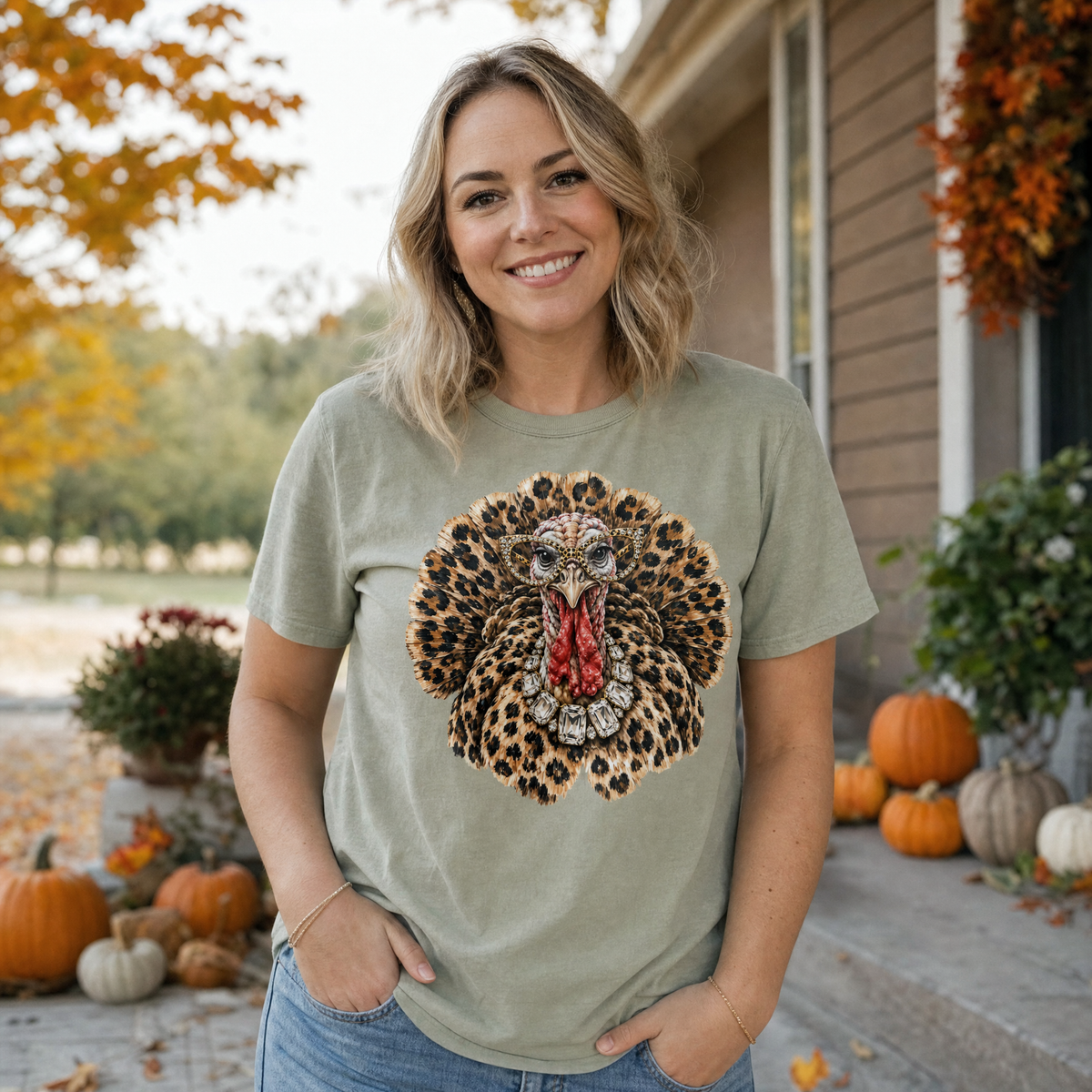 Model wearing the Glam Turkey comfort colors tee in Khaki