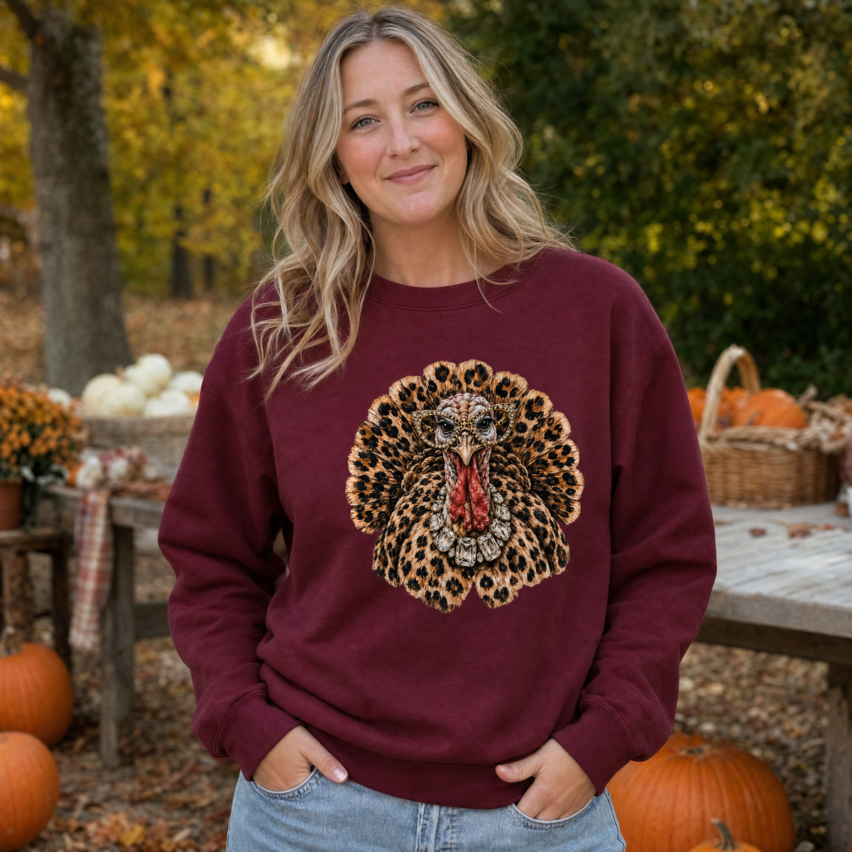 Model wearing the Glam Turkey sweatshirt in Maroon