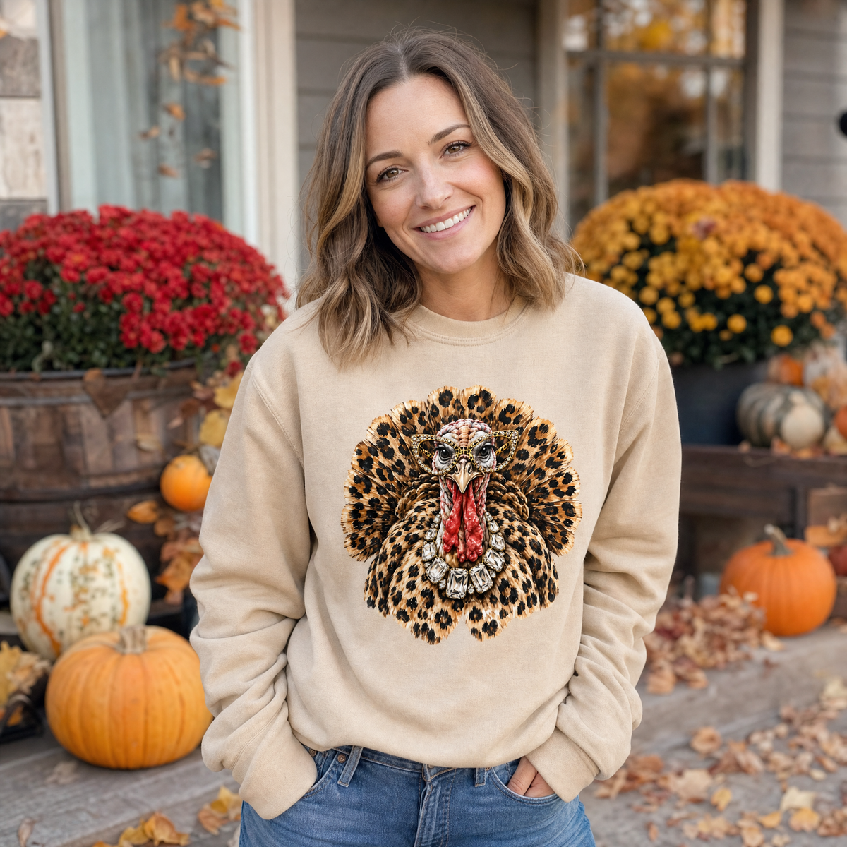 Model wearing the Glam Turkey sweatshirt in Sand, lifestyle image 1