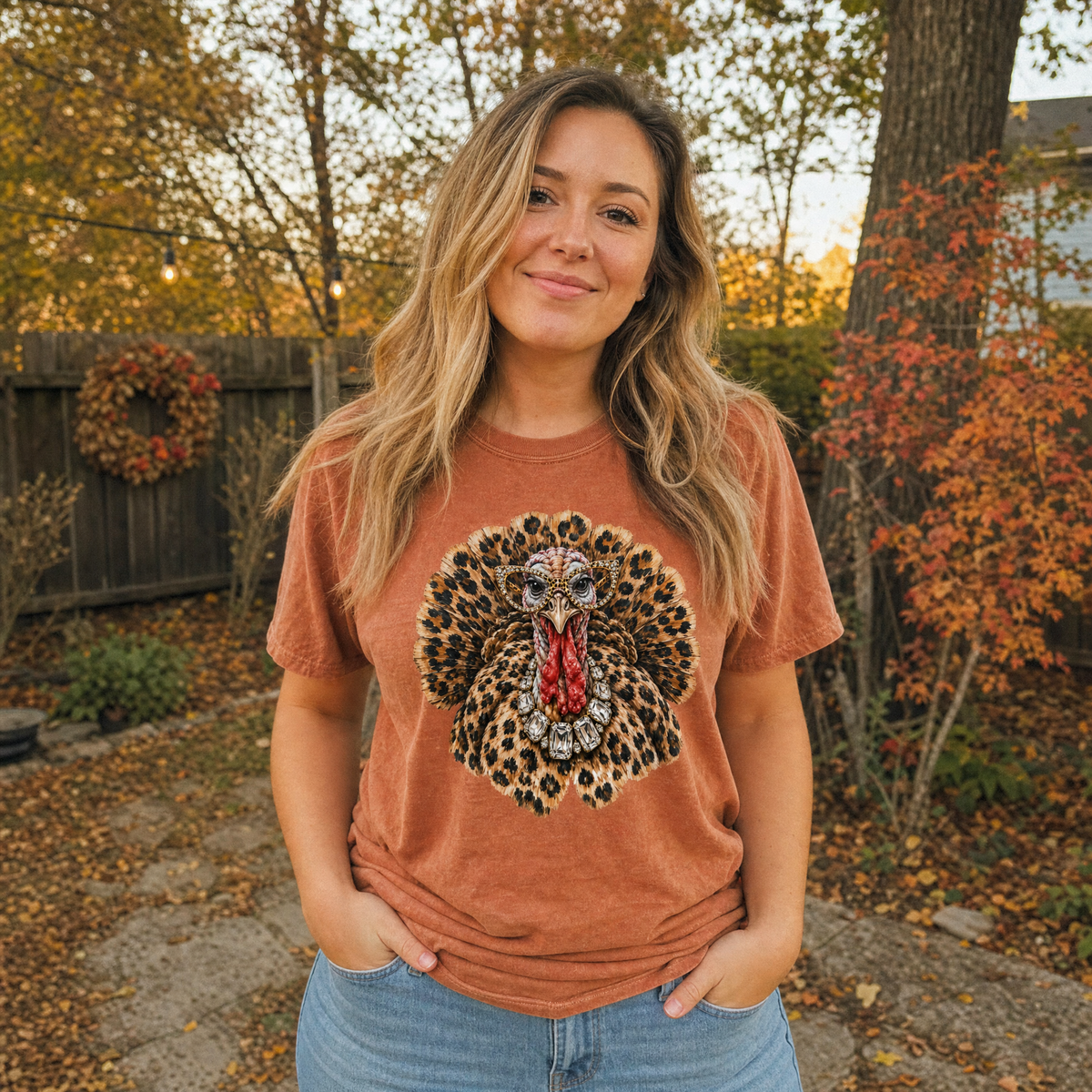 Model wearing the Glam Turkey comfort colors tee in Yam