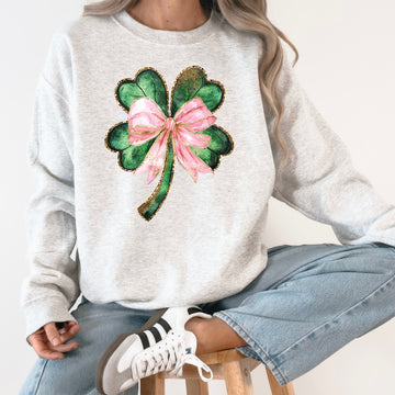 Glittery Shamrock Bow, Ribbon, St Patrick's Day, Pink, Coquette Sweatshirt