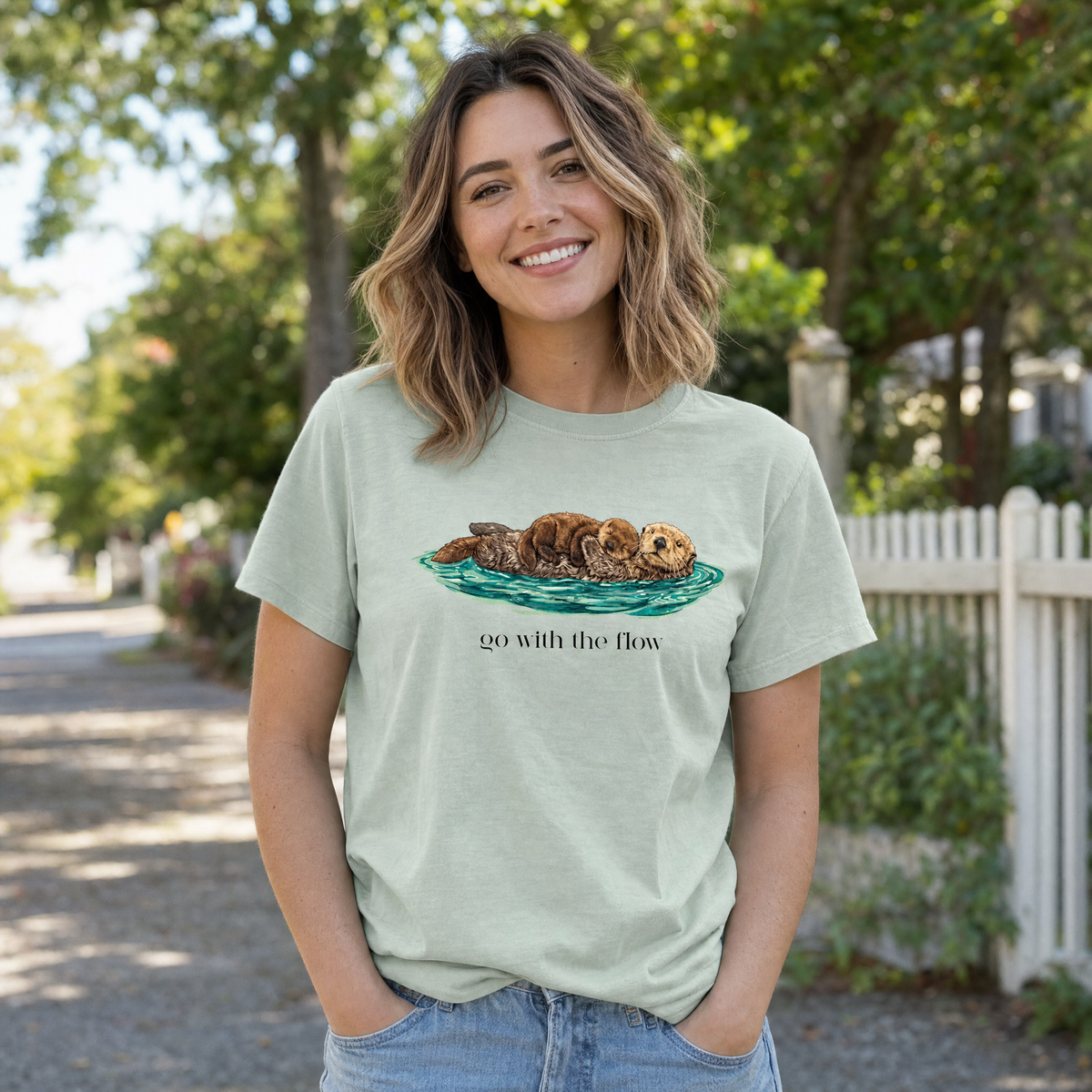 Model wearing the Go With The Flow comfort colors tee in Bay