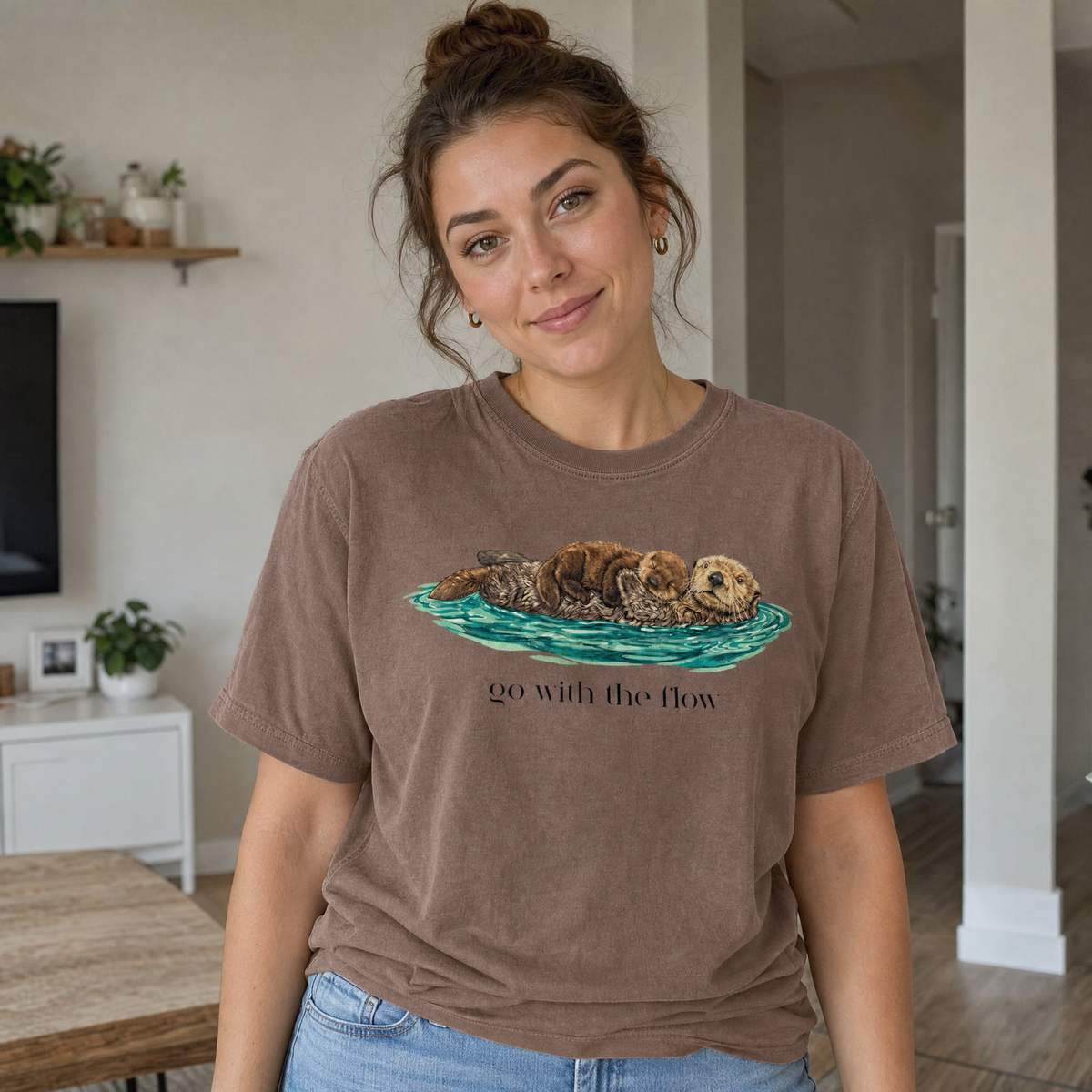 Model wearing the Go With The Flow comfort colors tee in Espresso
