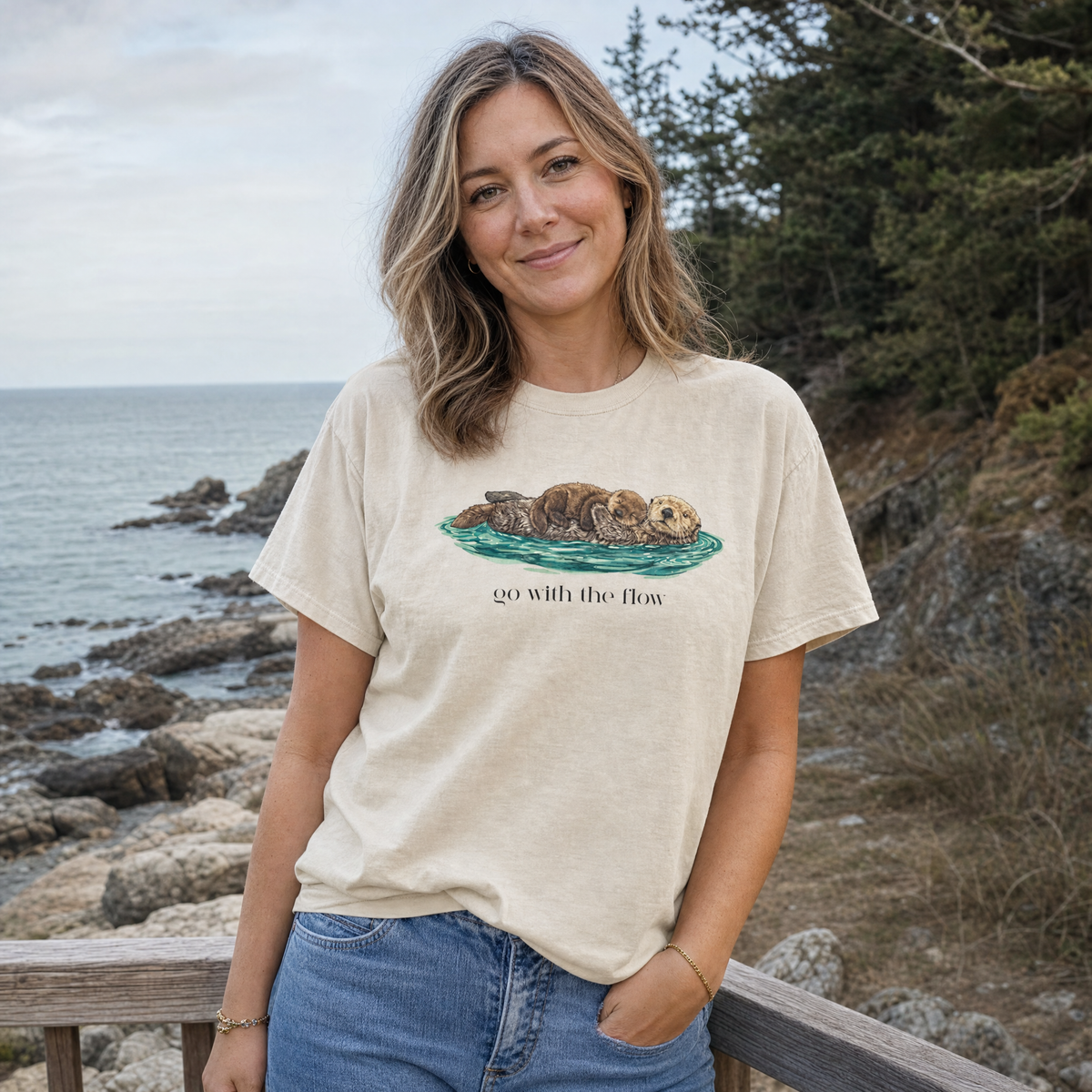 Model wearing the Go With The Flow comfort colors tee in Ivory