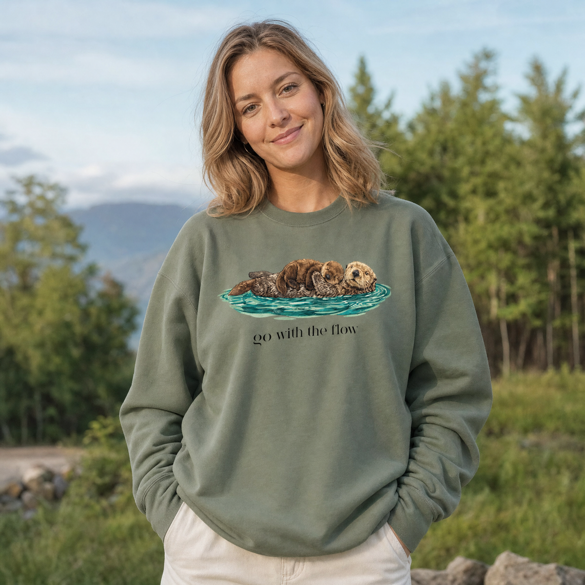 Model wearing the Go With The Flow sweatshirt in Military Green