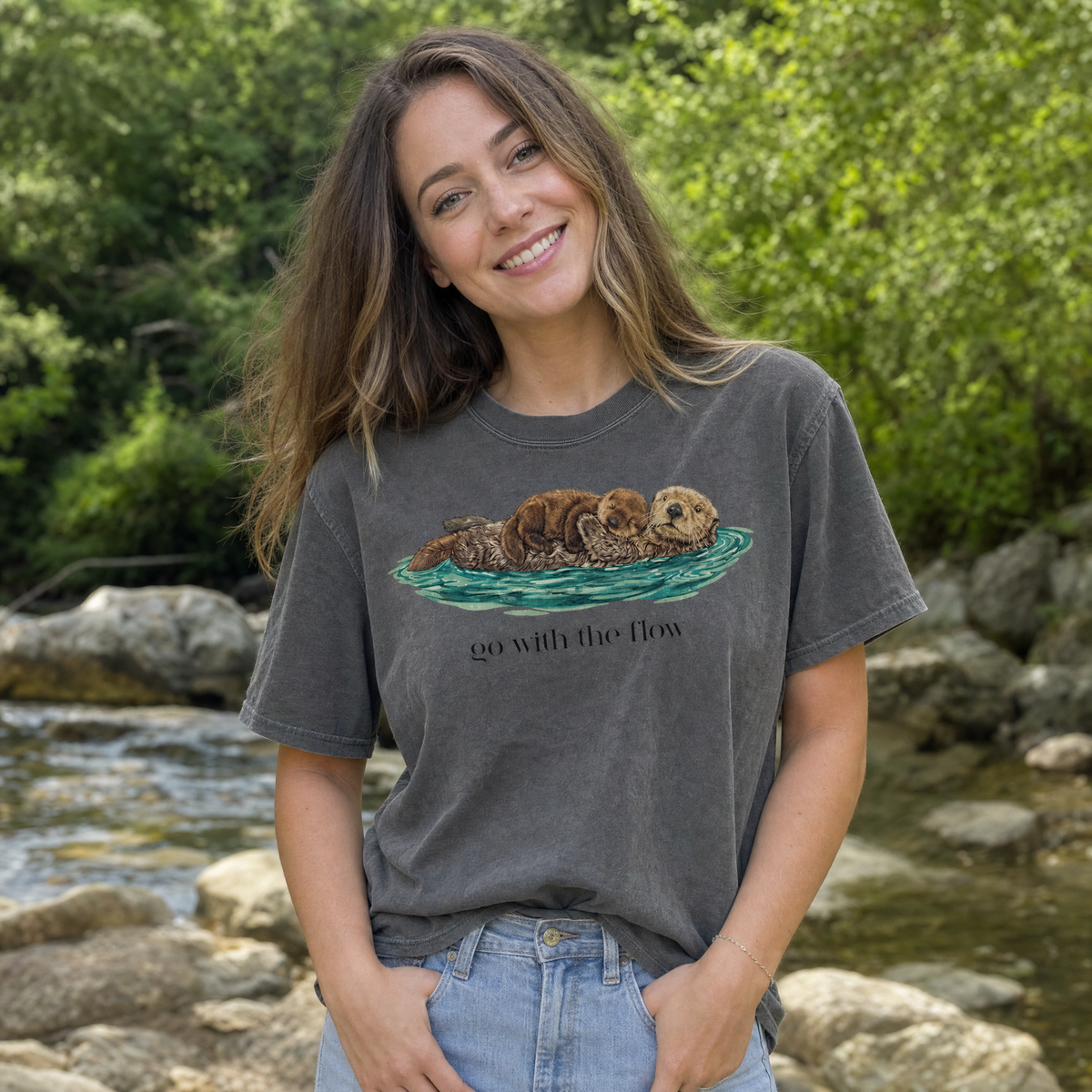 Model wearing the Go With The Flow comfort colors tee in Pepper