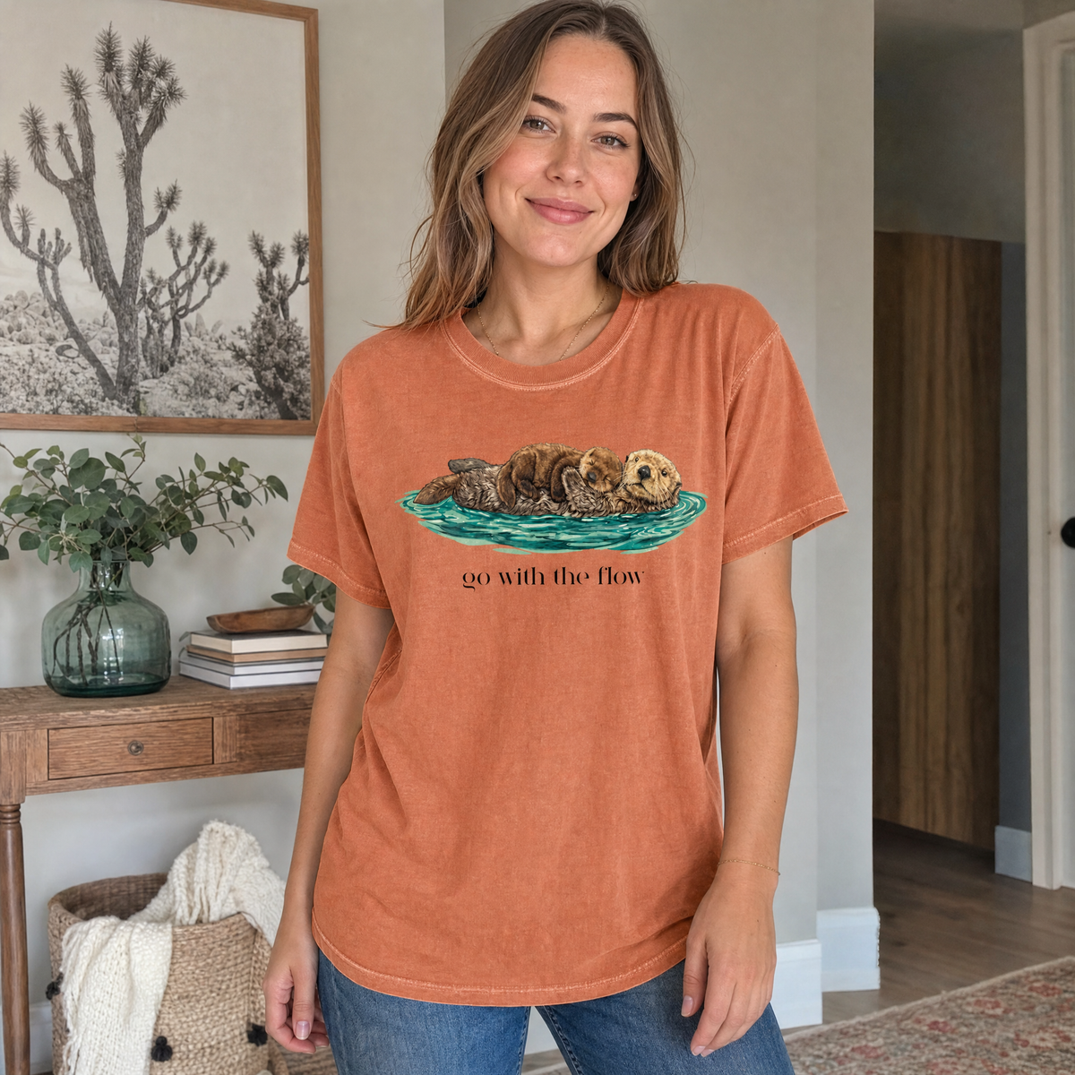Model wearing the Go With The Flow comfort colors tee in Yam