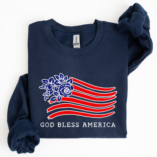 God Bless America, Flower Flag, 4th of July Sweatshirt