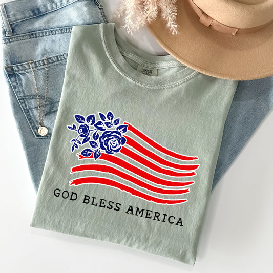 God Bless America, Flower Flag, Patriotic Tshirt