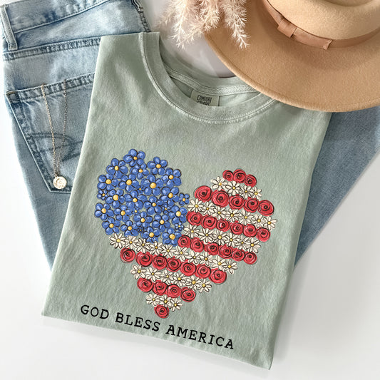 God Bless America, Flowers, Flag Heart, Patriotic Tshirt