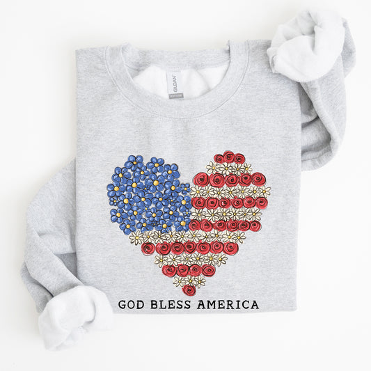 God Bless America, Flowers, Flag Heart, Patriotic Sweatshirt