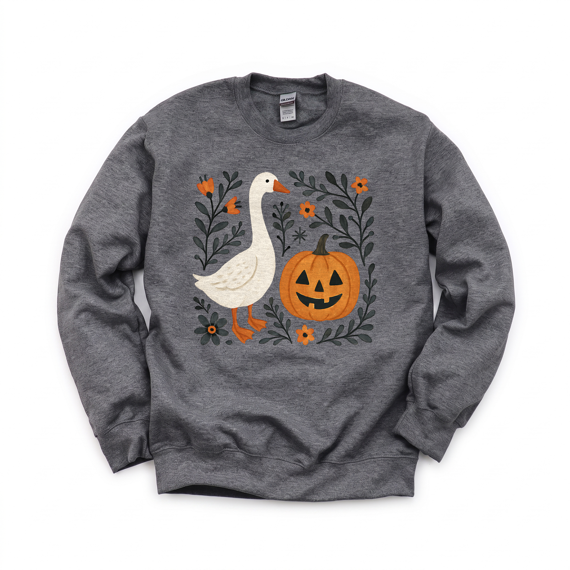 Goose Jack-o'-lantern graphic on Gildan 18000 in Dark Heather