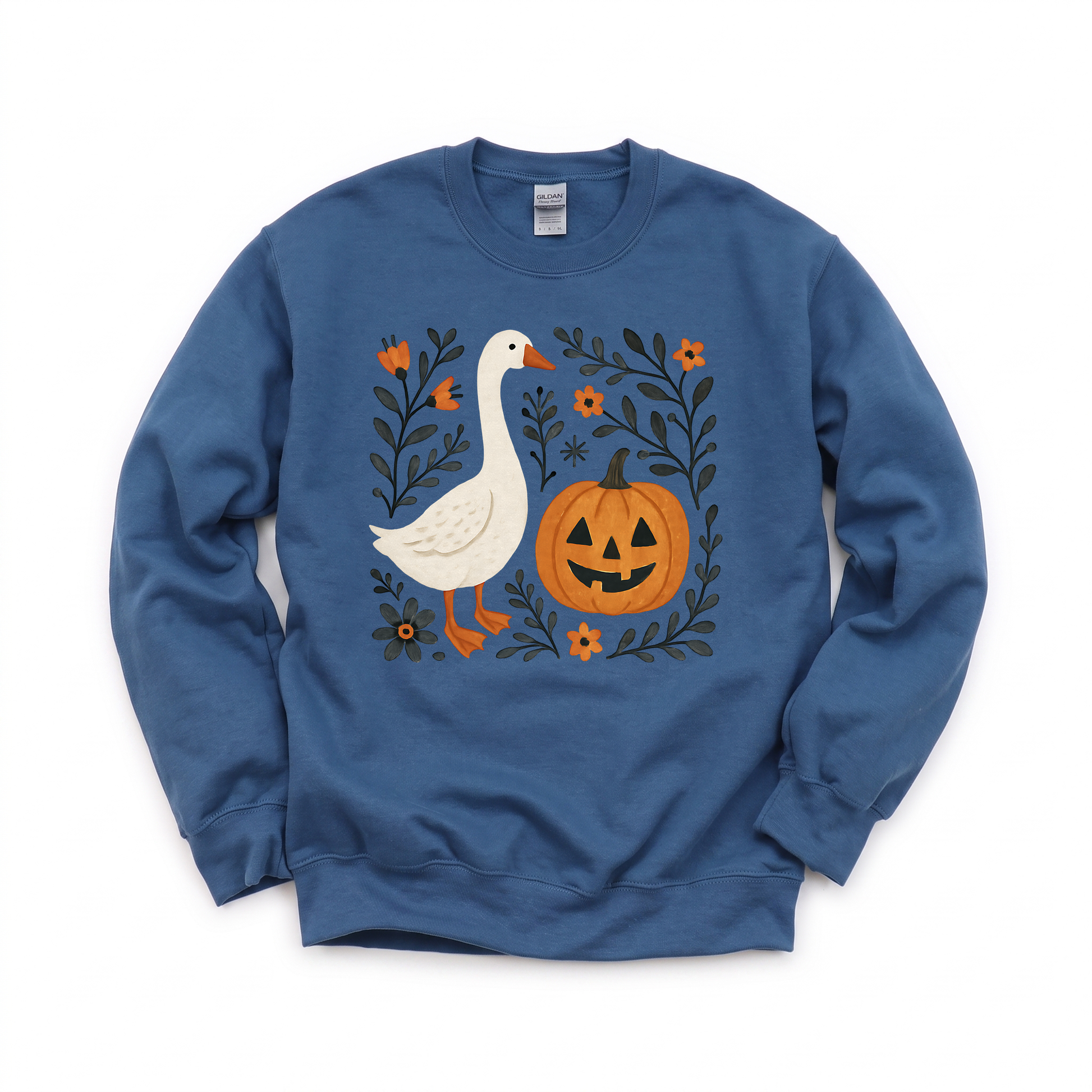 Goose Jack-o'-lantern graphic on Gildan 18000 in Indigo Blue
