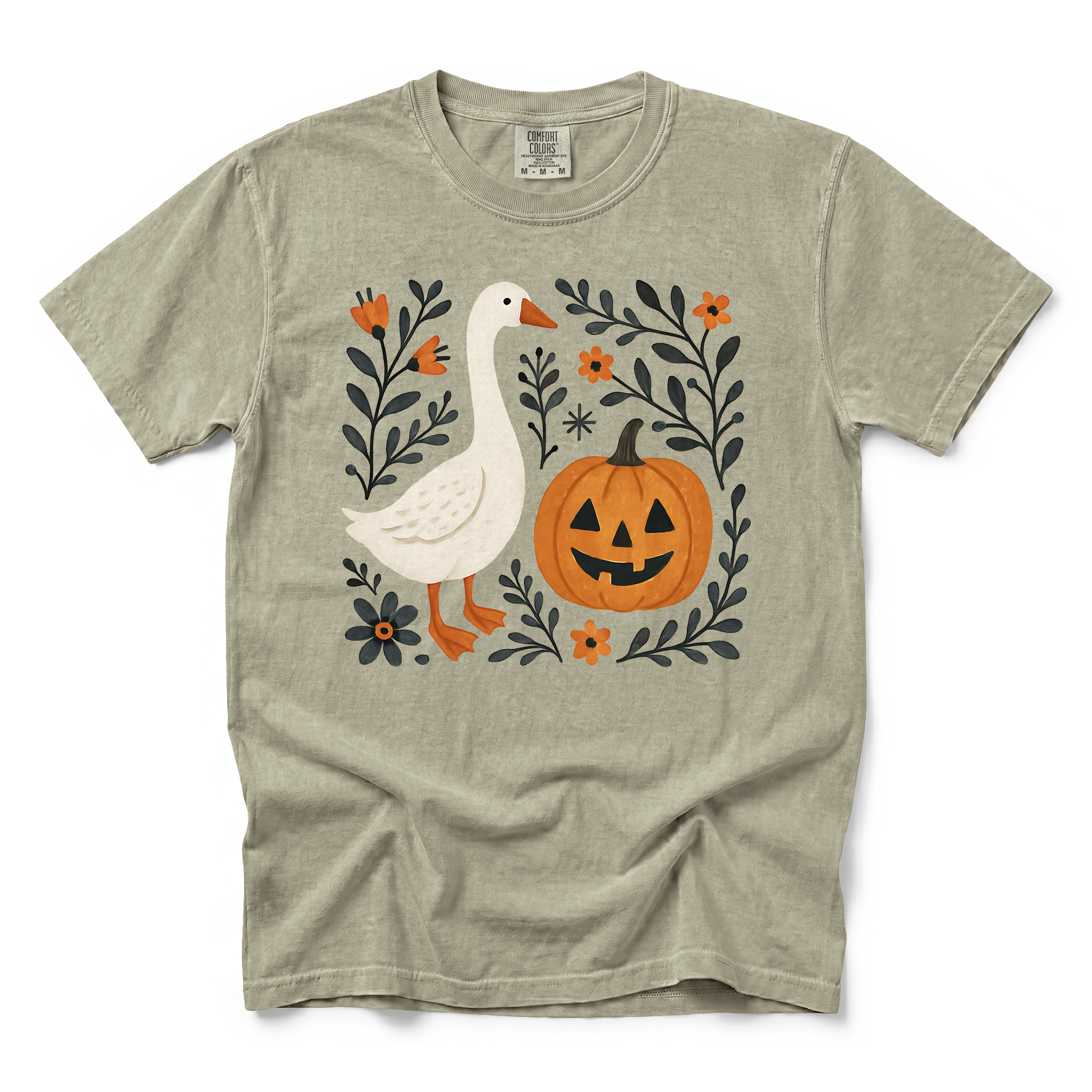 Goose Jack-o'-lantern graphic on Comfort Colors 1717 in Khaki