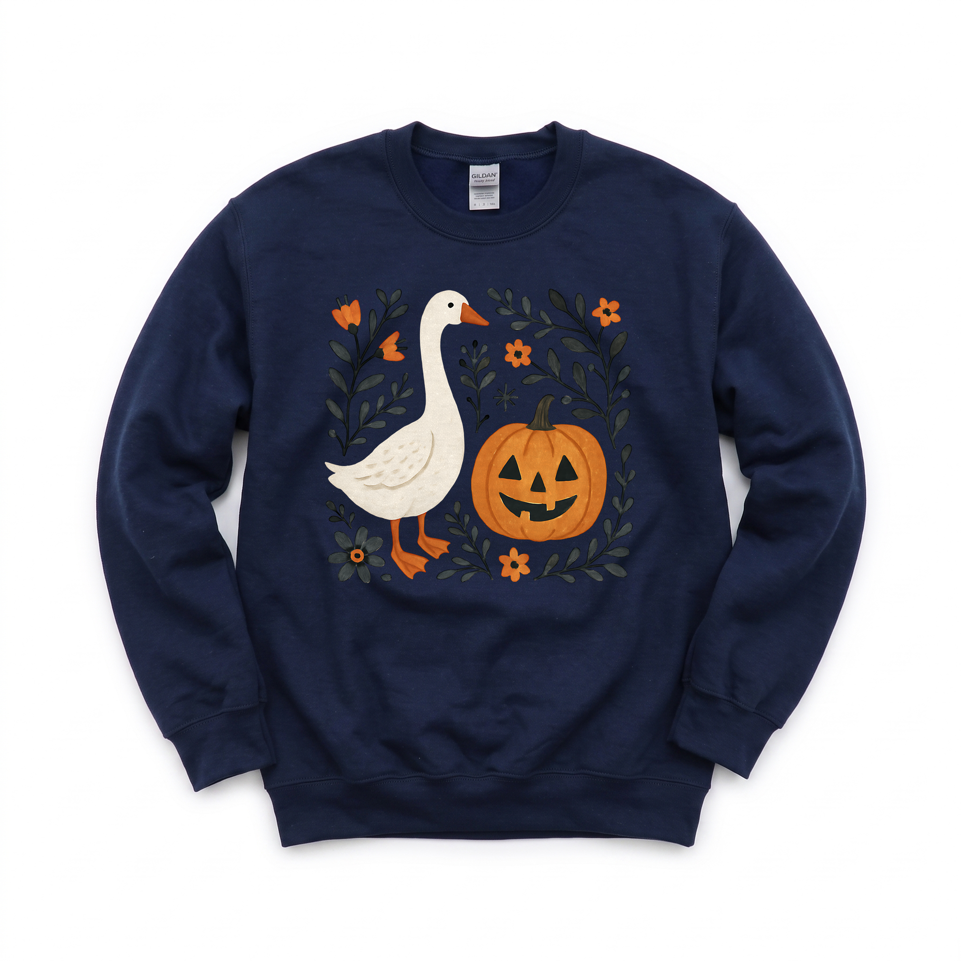 Goose Jack-o'-lantern graphic on Gildan 18000 in Navy