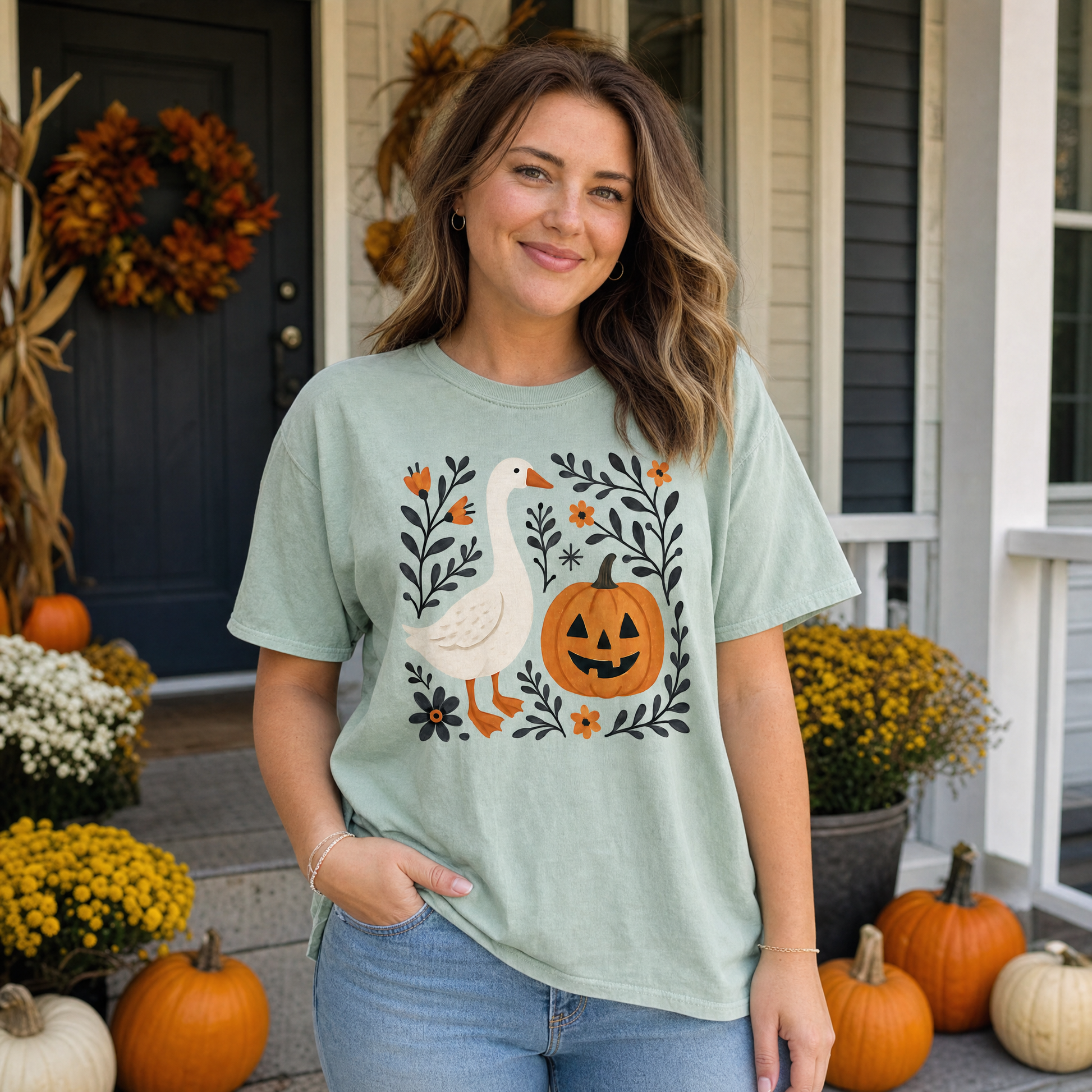 Model wearing the Goose Jack-o'-lantern comfort colors tee in Bay