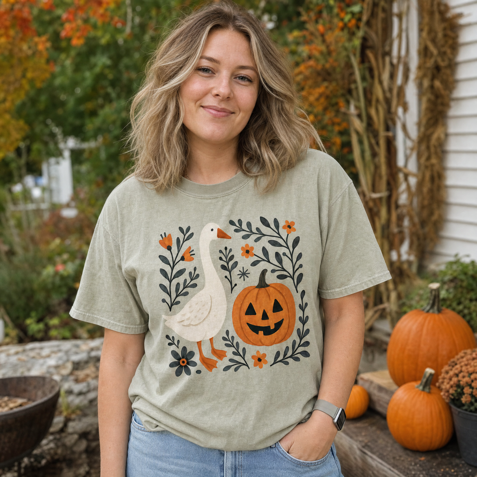 Model wearing the Goose Jack-o'-lantern comfort colors tee in Khaki, lifestyle image 1