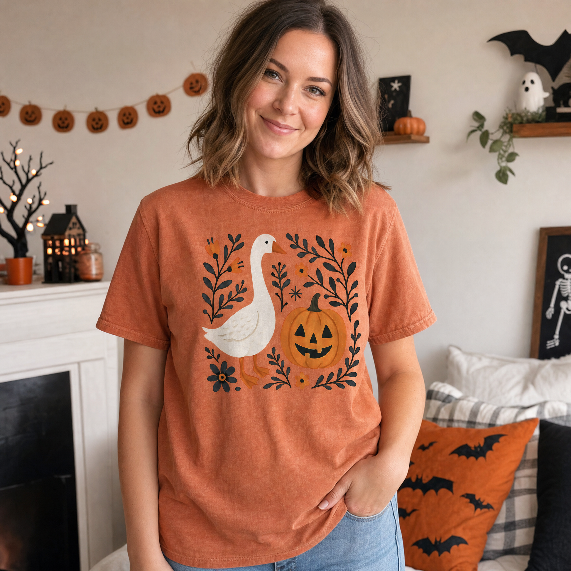 Model wearing the Goose Jack-o'-lantern comfort colors tee in Yam