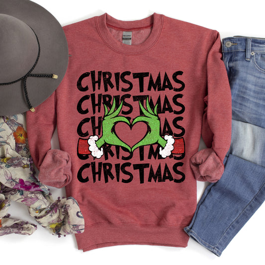 Grinchy Loves Christmas, Heart, Retro Sweatshirt