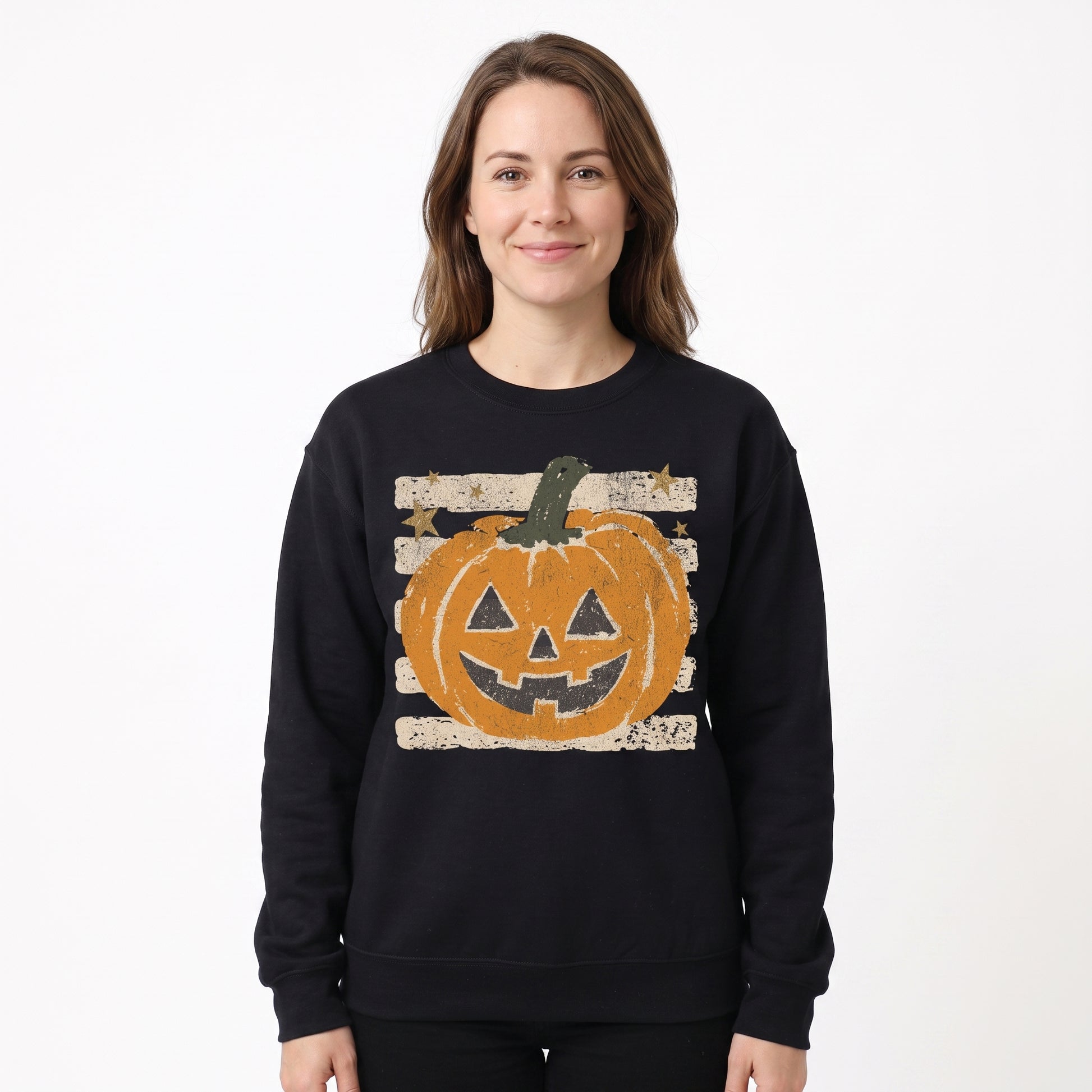 Model wearing the Grungy Jack-o'-lantern sweatshirt in Black