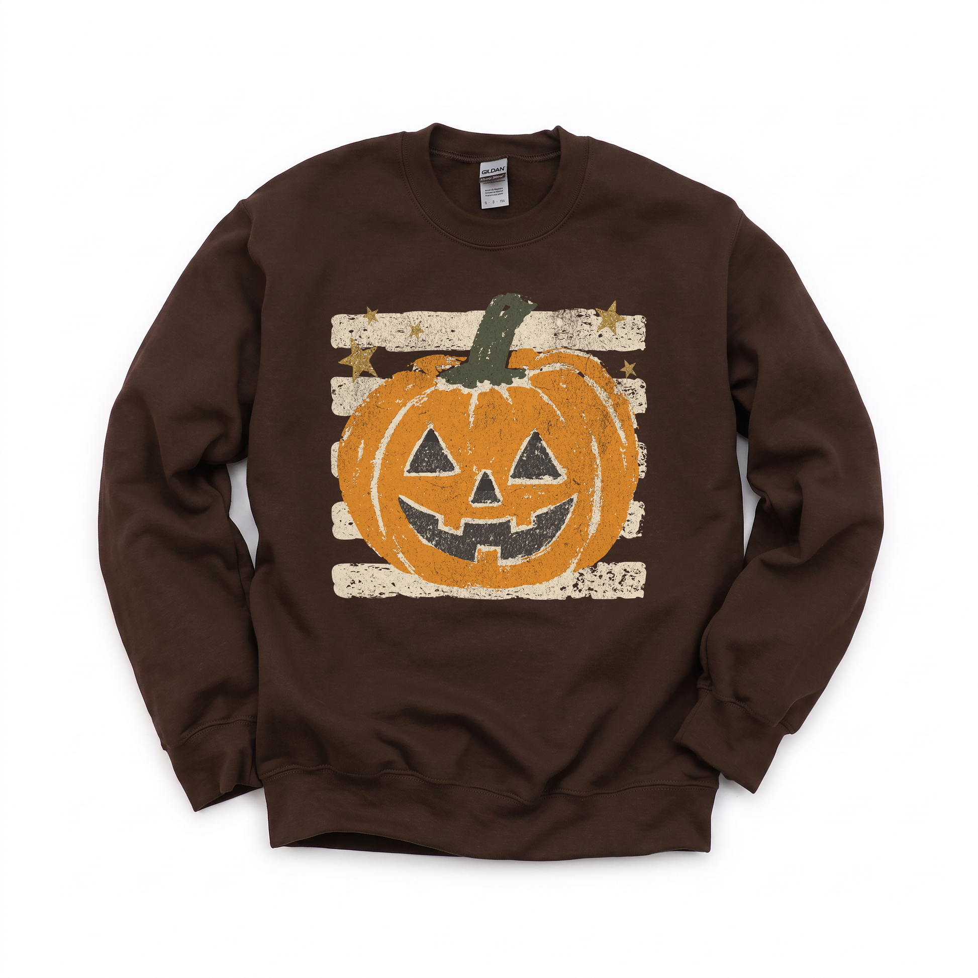 Grungy Jack-o'-lantern graphic on Gildan 18000 in Dark Chocolate