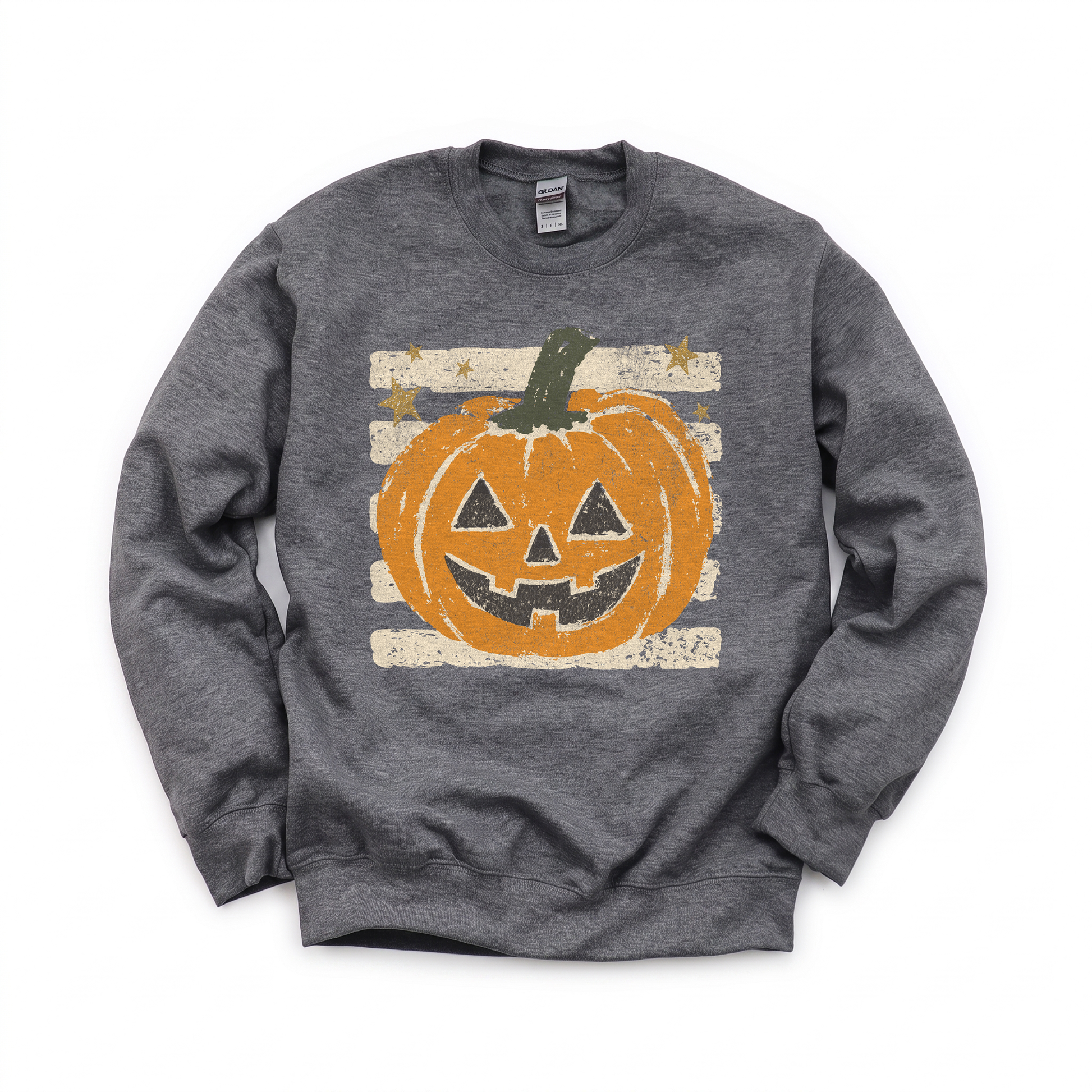 Grungy Jack-o'-lantern graphic on Gildan 18000 in Dark Heather