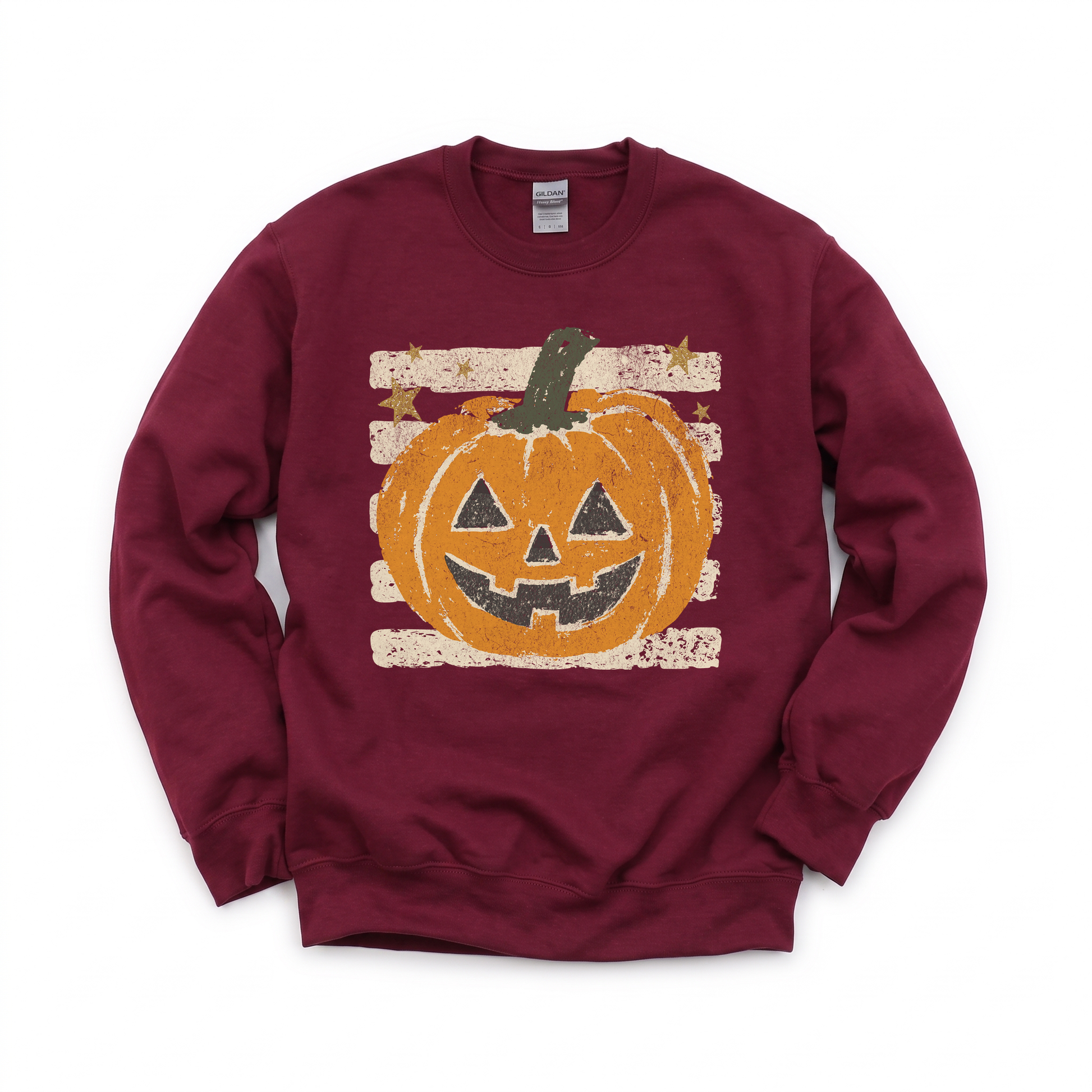 Grungy Jack-o'-lantern graphic on Gildan 18000 in Maroon