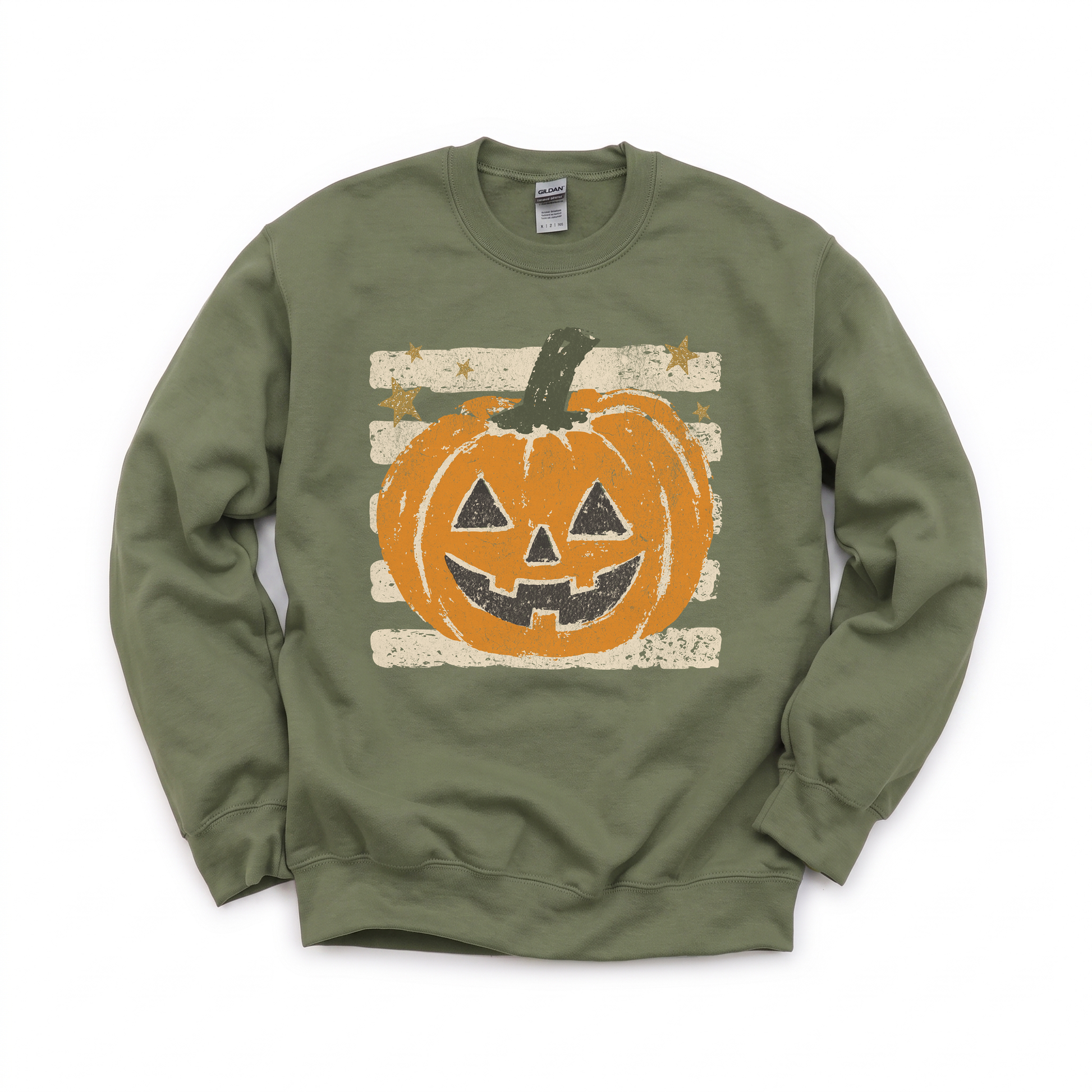 Grungy Jack-o'-lantern graphic on Gildan 18000 in Military Green