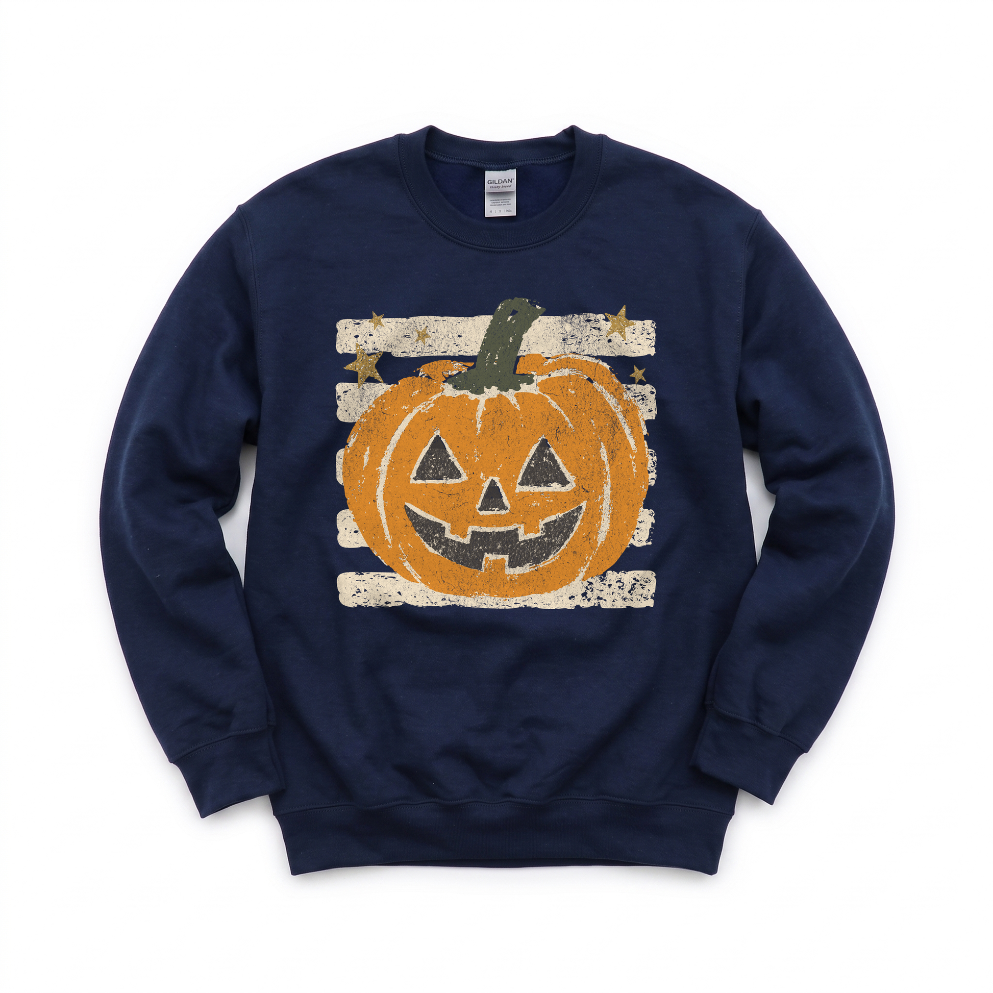 Grungy Jack-o'-lantern graphic on Gildan 18000 in Navy