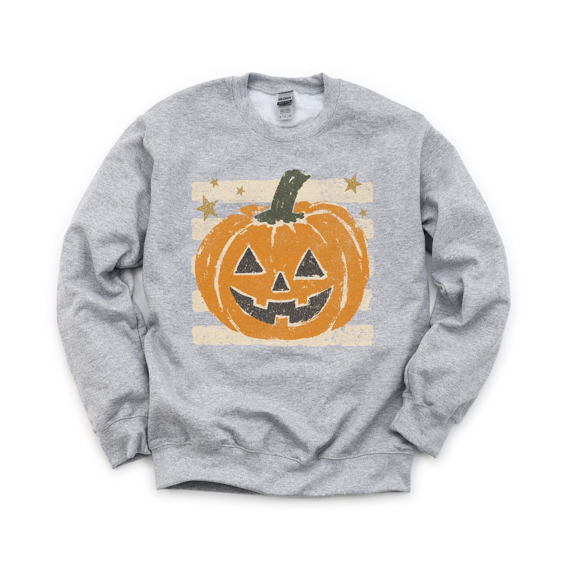 Grungy Jack-o'-lantern graphic on Gildan 18000 in Sport Grey
