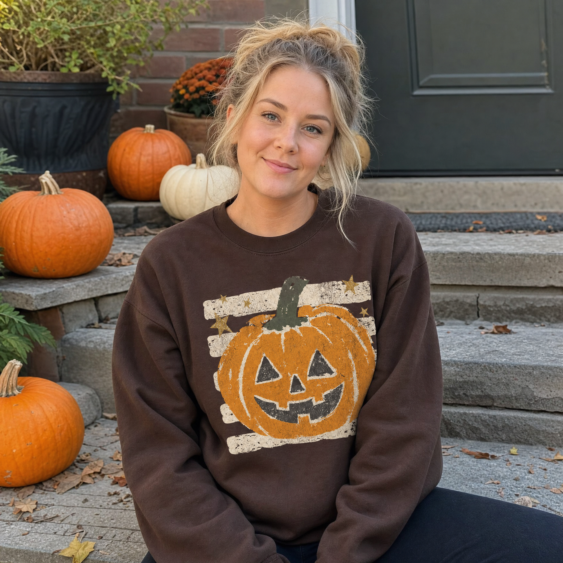 Model wearing the Grungy Jack-o'-lantern sweatshirt in Dark Chocolate