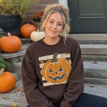 Model wearing the Grungy Jack-o'-lantern sweatshirt in Dark Chocolate