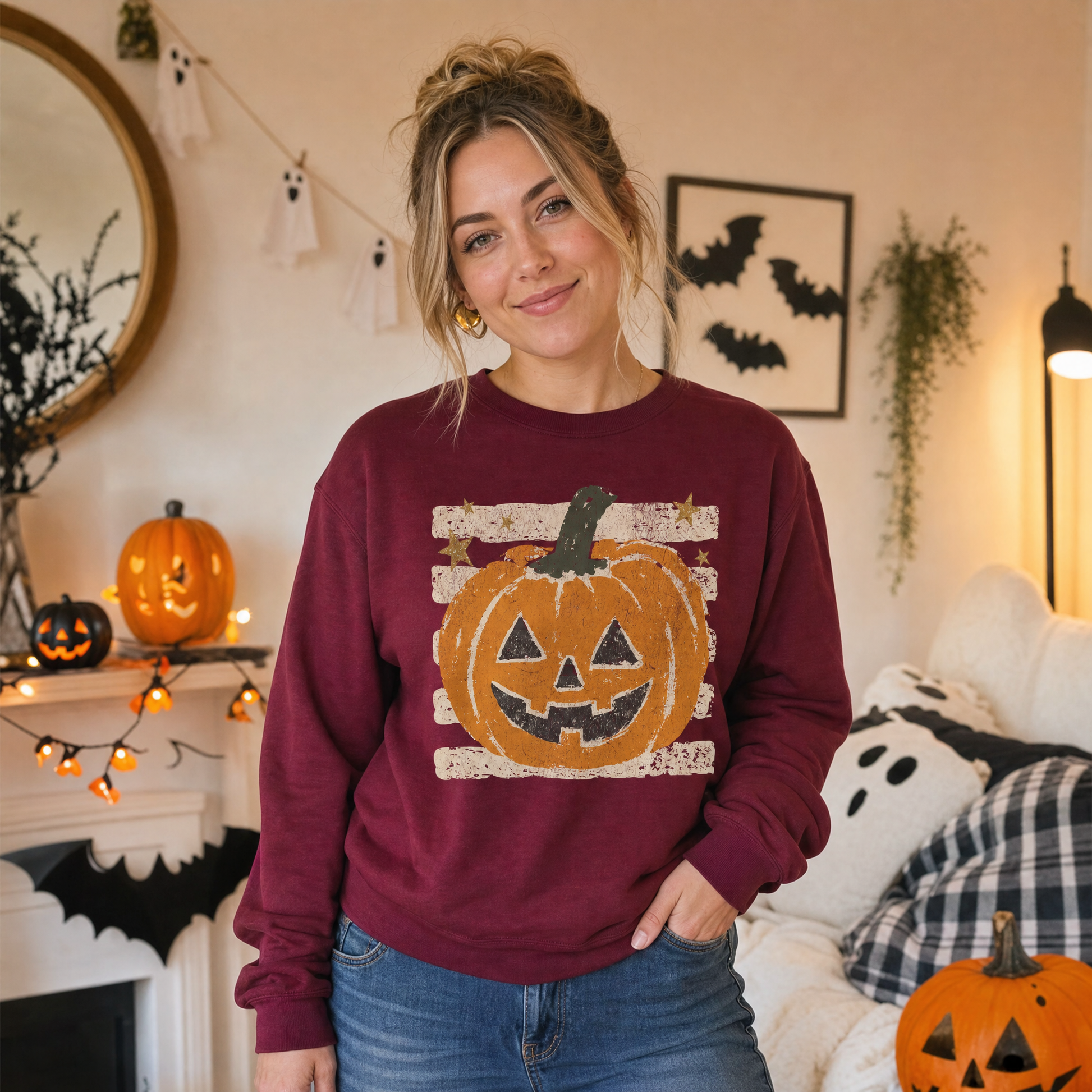 Model wearing the Grungy Jack-o'-lantern sweatshirt in Maroon