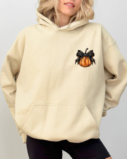 Halloween Pumpkin, Ribbon, Pocket Print, Coquette, Fall, Autumn Hooded Sweatshirt