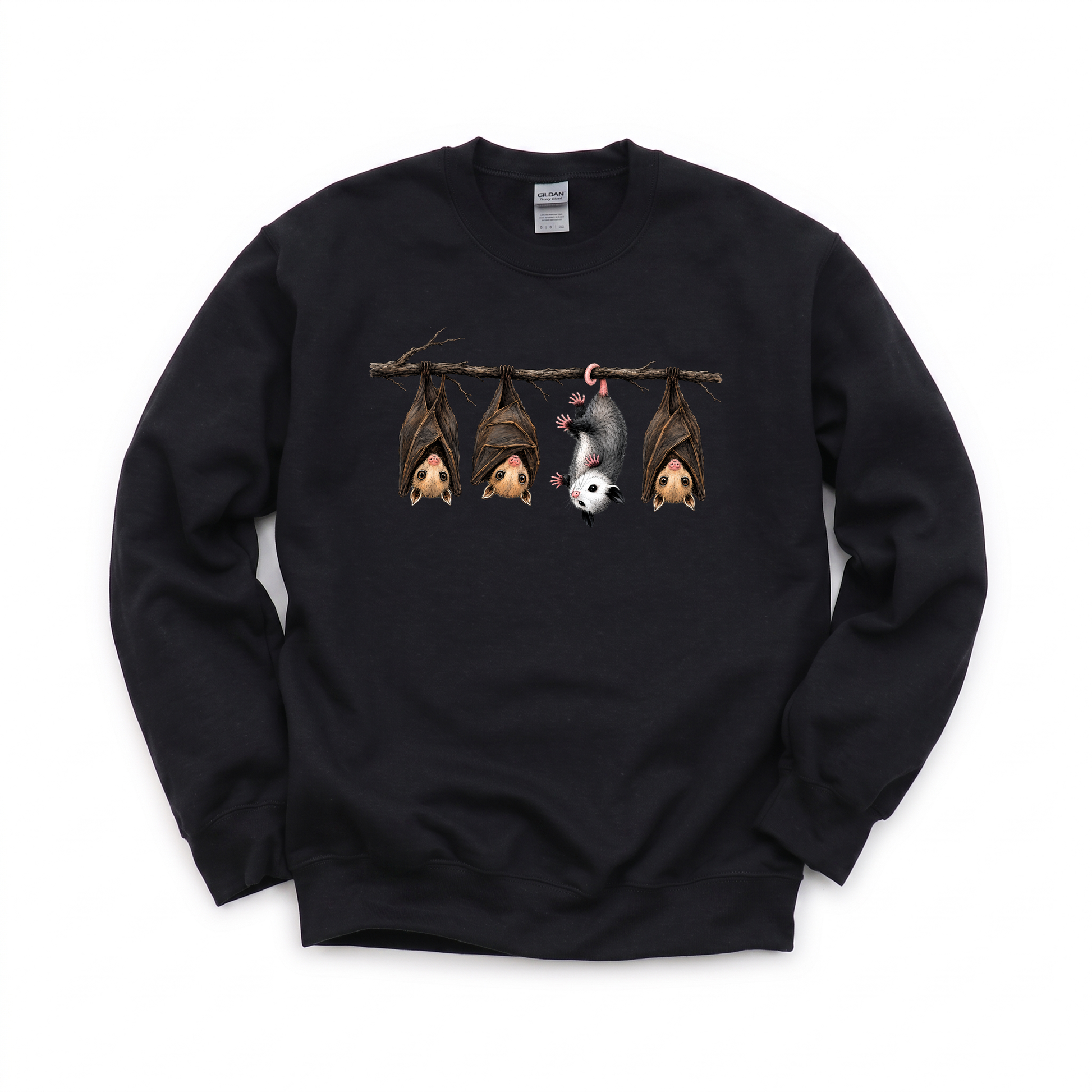 Hanging Bats graphic on Gildan 18000 in Black