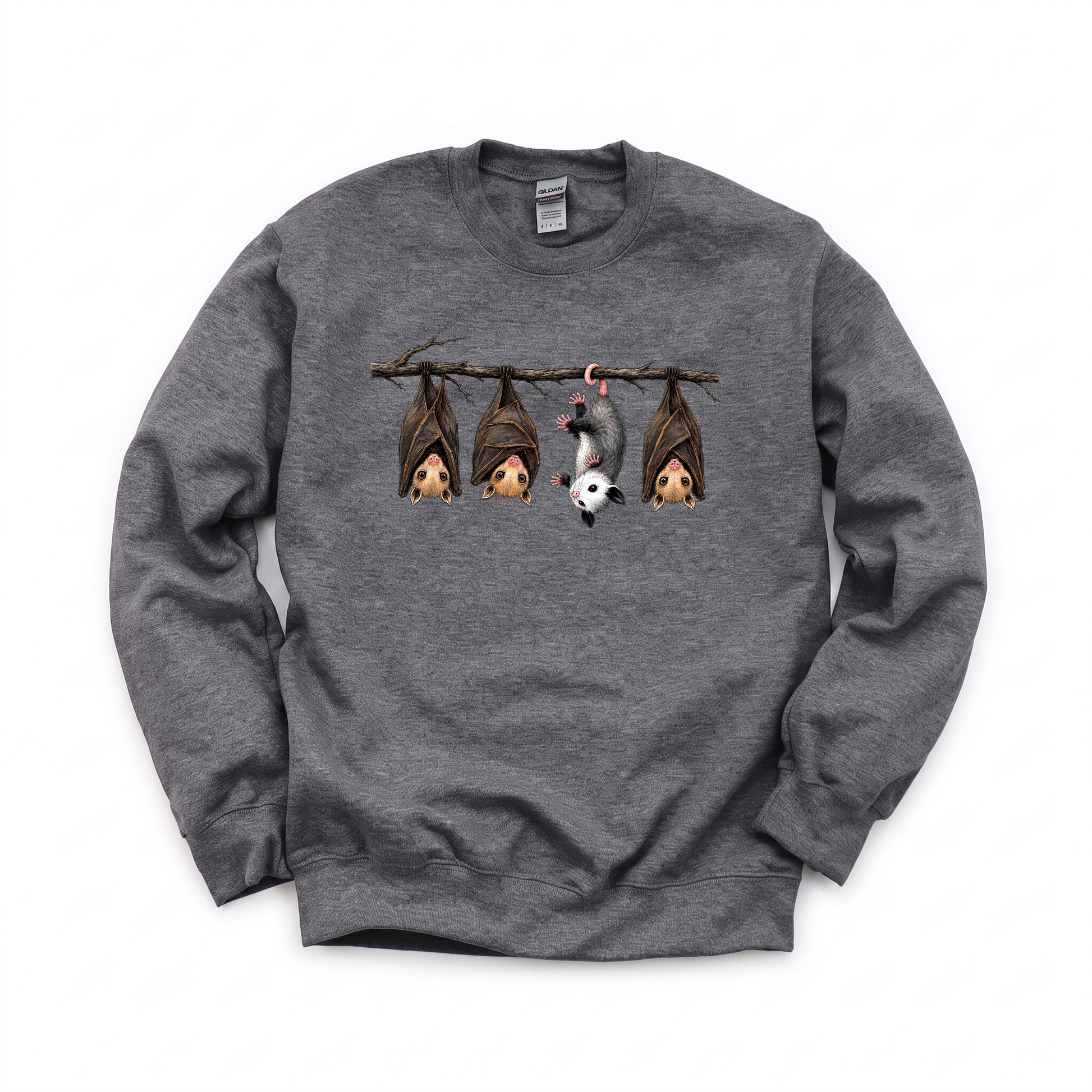 Hanging Bats graphic on Gildan 18000 in Dark Heather