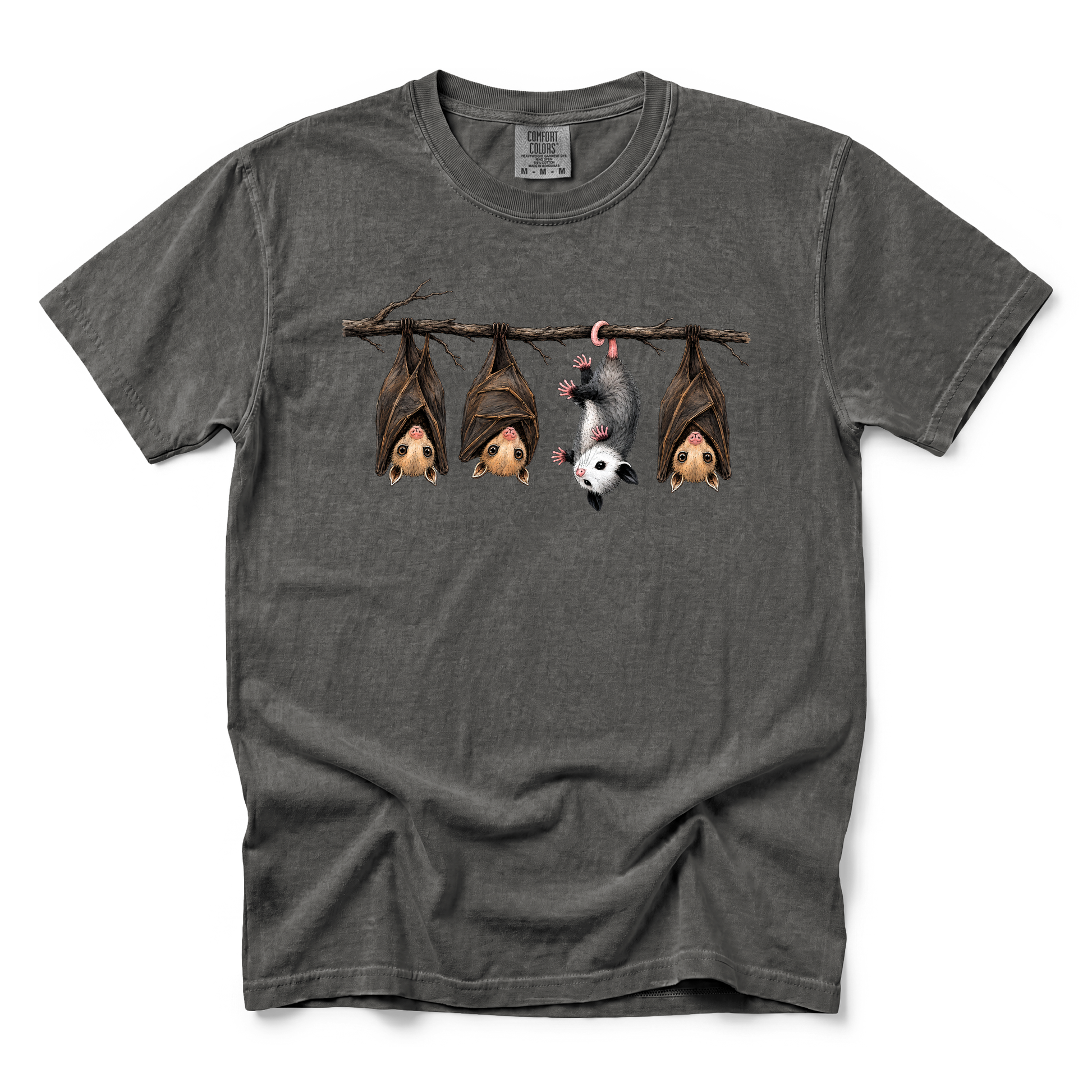 Hanging Bats graphic on Comfort Colors 1717 in Pepper