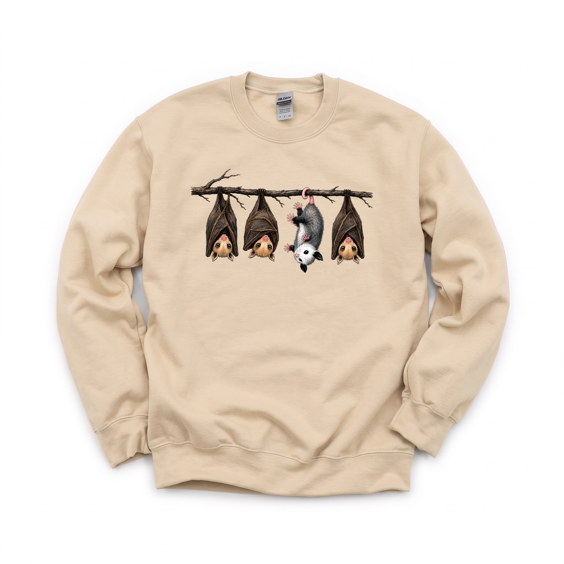 Hanging Bats graphic on Gildan 18000 in Sand