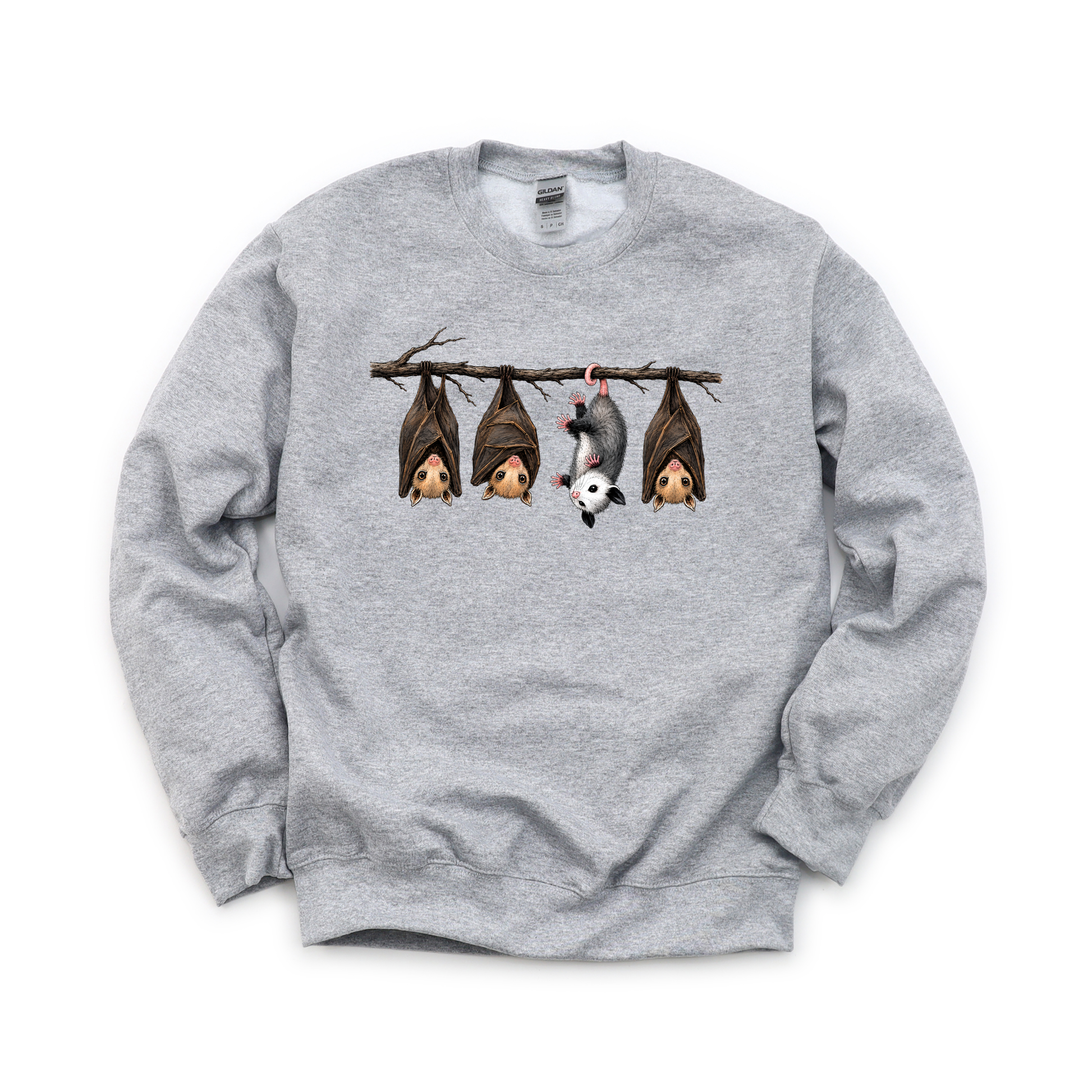 Hanging Bats graphic on Gildan 18000 in Sport Grey