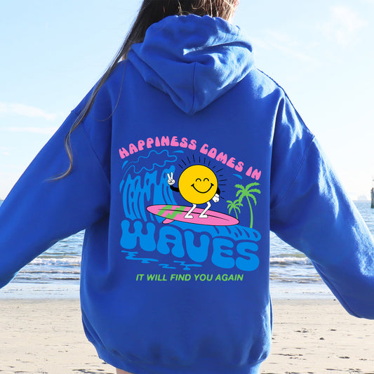 Happiness Comes In Waves, Retro, Beach, Fun, Sun Hoodie
